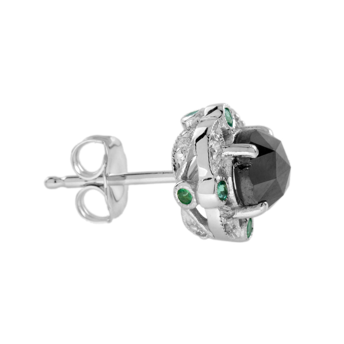 Round Black Diamond & Emerald Art Deco Inspired 14K White Gold Stud Earrings