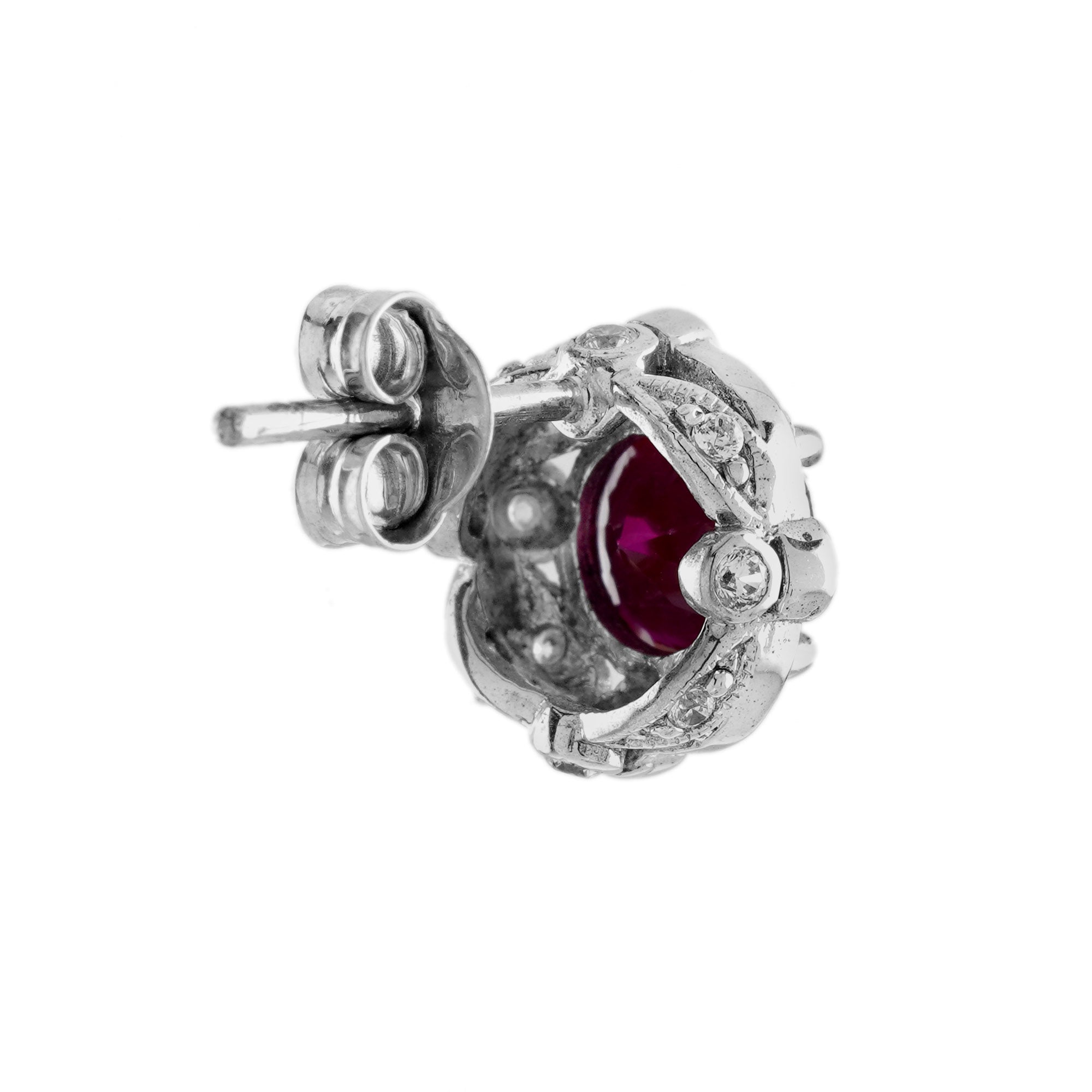 Red Pink Ruby & Diamond Antique Style 14K White Gold Stud Earrings