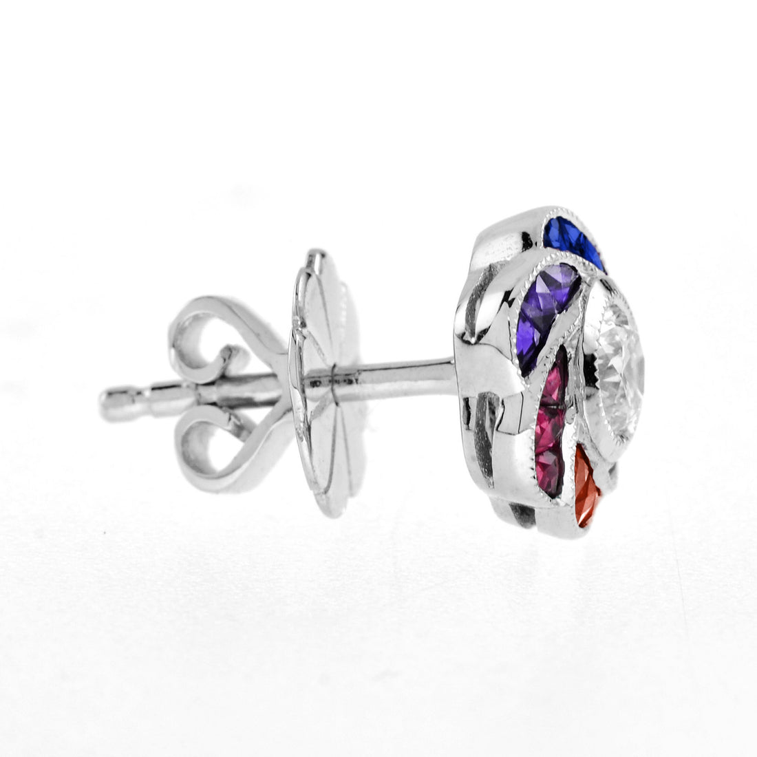 Diamond & Rainbow Sapphire Art Deco Style Floral Spiral Stud 14K White Earrings