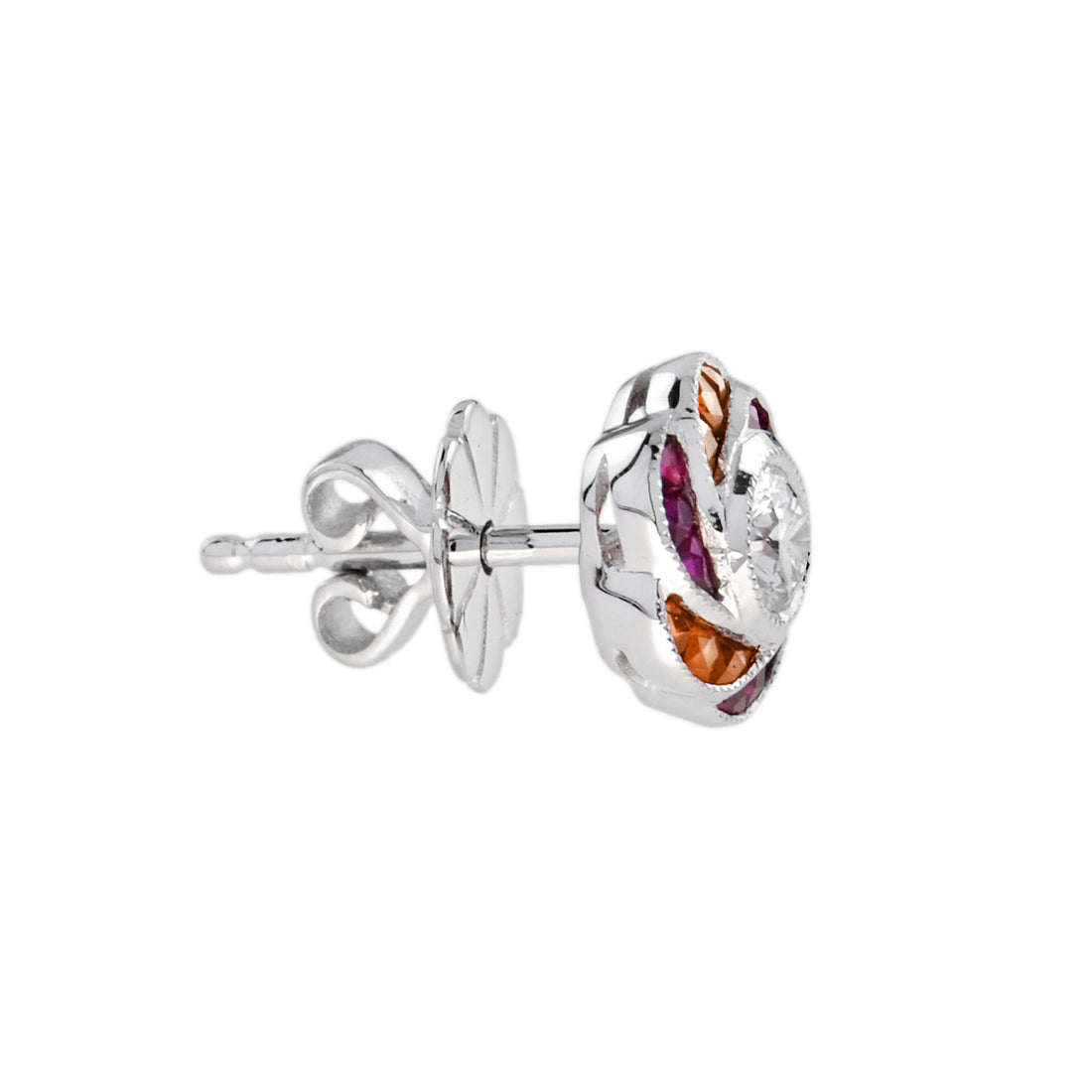 Round Diamond Red Pink Ruby Orange Sapphire Floral Stud 14K White Gold Earrings
