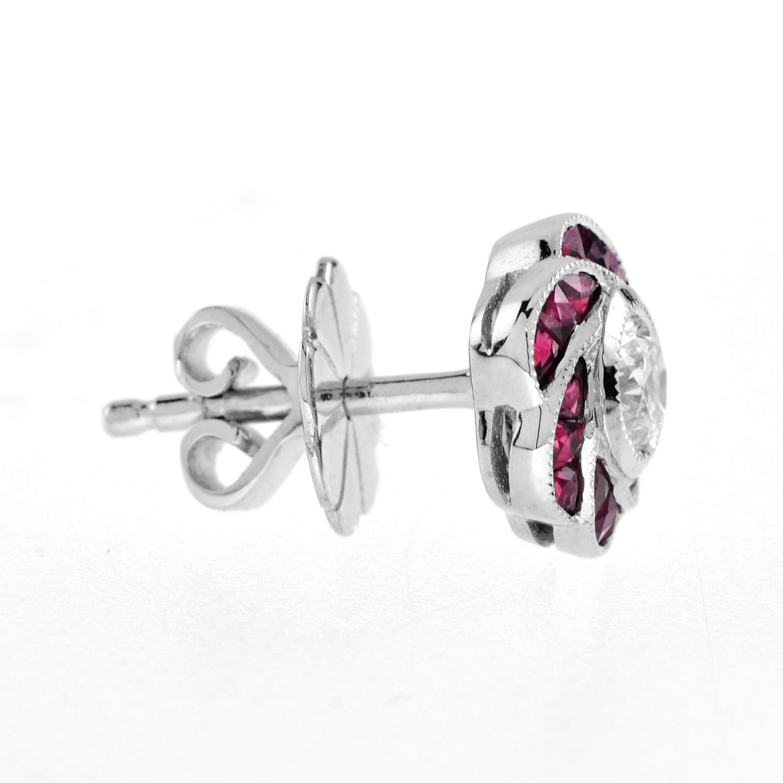 3.5mm Diamond & Red Pink Ruby Rose Petal Floral Stud 18K White Gold Earrings