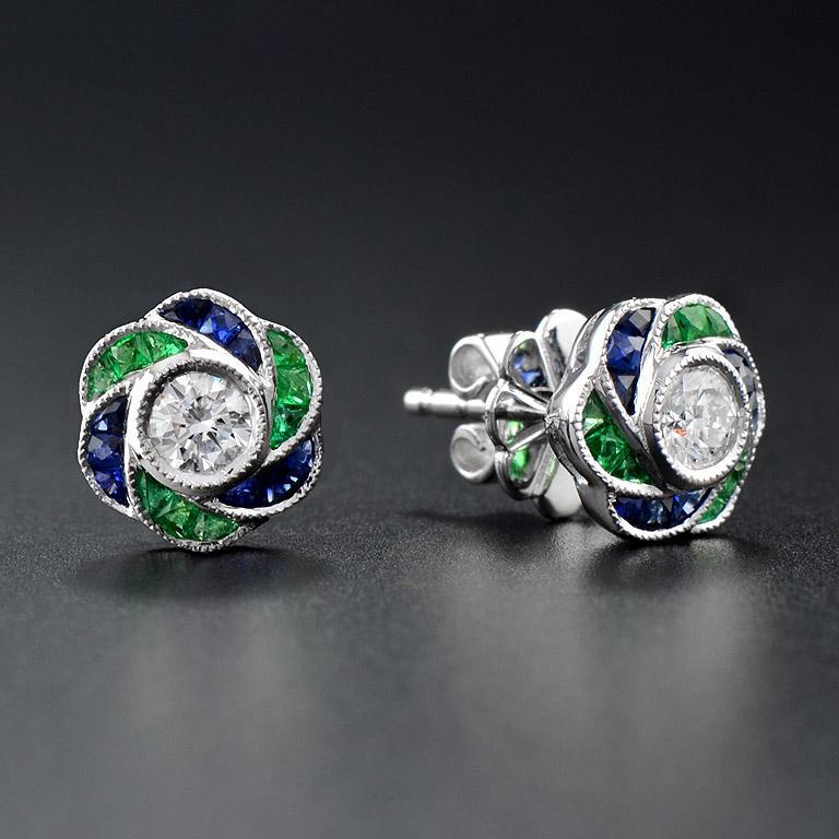 3.5mm Diamond Green Emerald & Blue Sapphire Rose Petal Stud 14K Gold Earrings