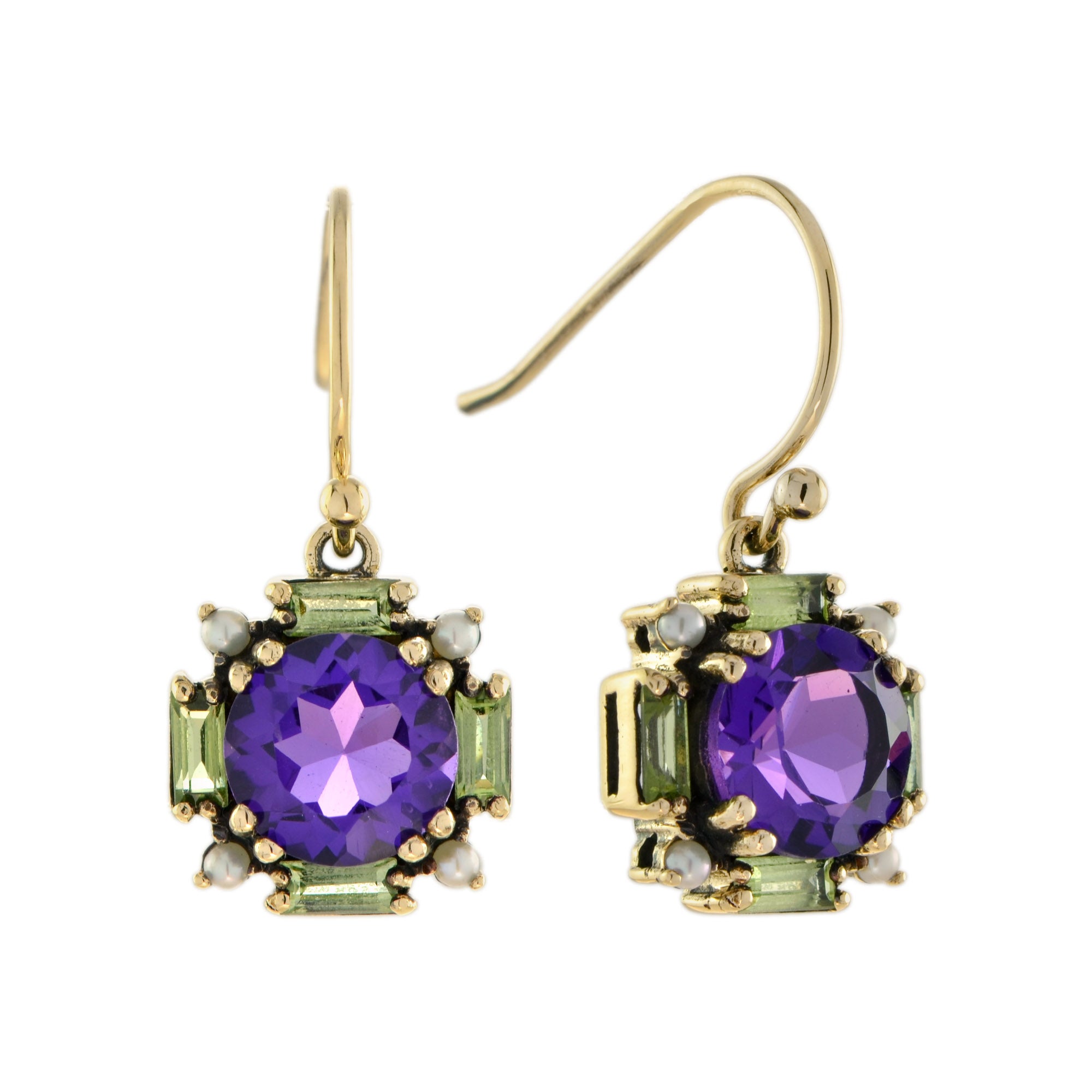 Amethyst & Peridot Vintage Style Dangle 9K Yellow Gold Earrings