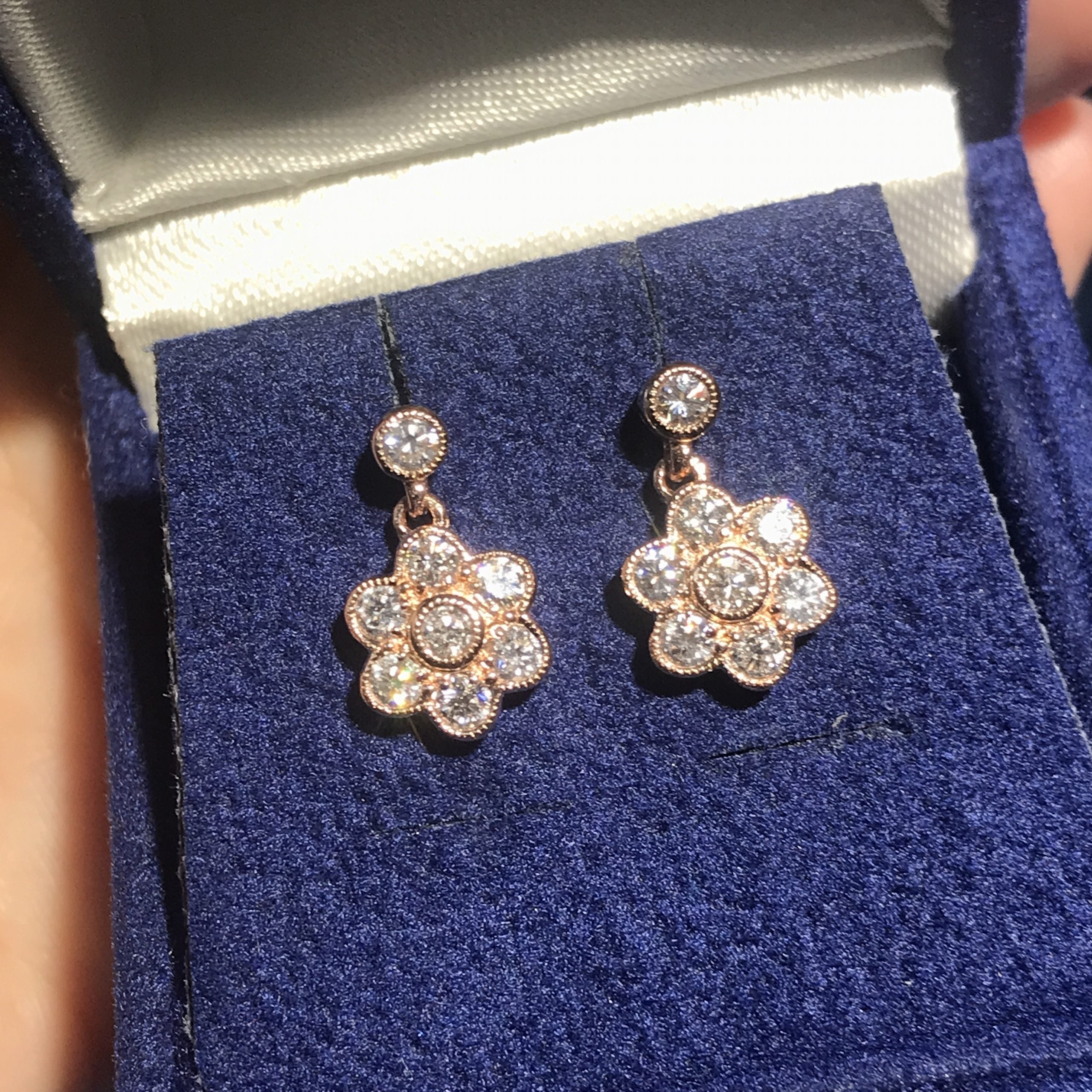 1 Ct Diamond Cluster Vintage Style Floral Drop 14K Rose Gold Earrings