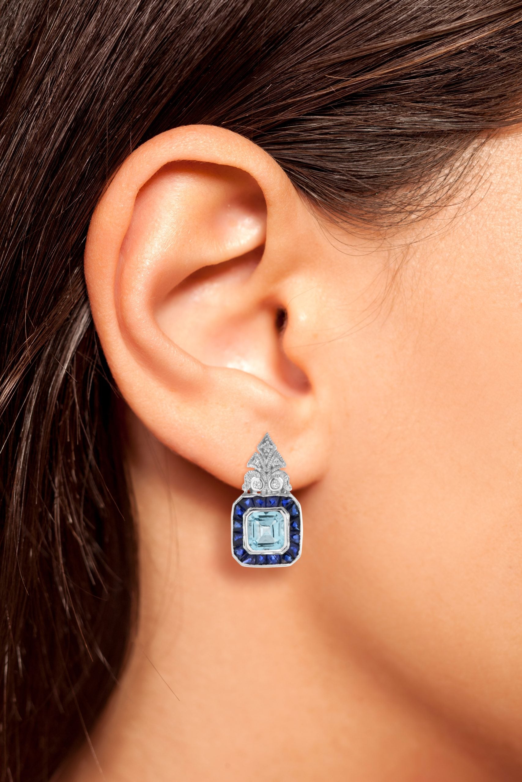 Blue Aquamarine & Sapphire Diamond Art Deco Style Stud 14K White Gold Earrings