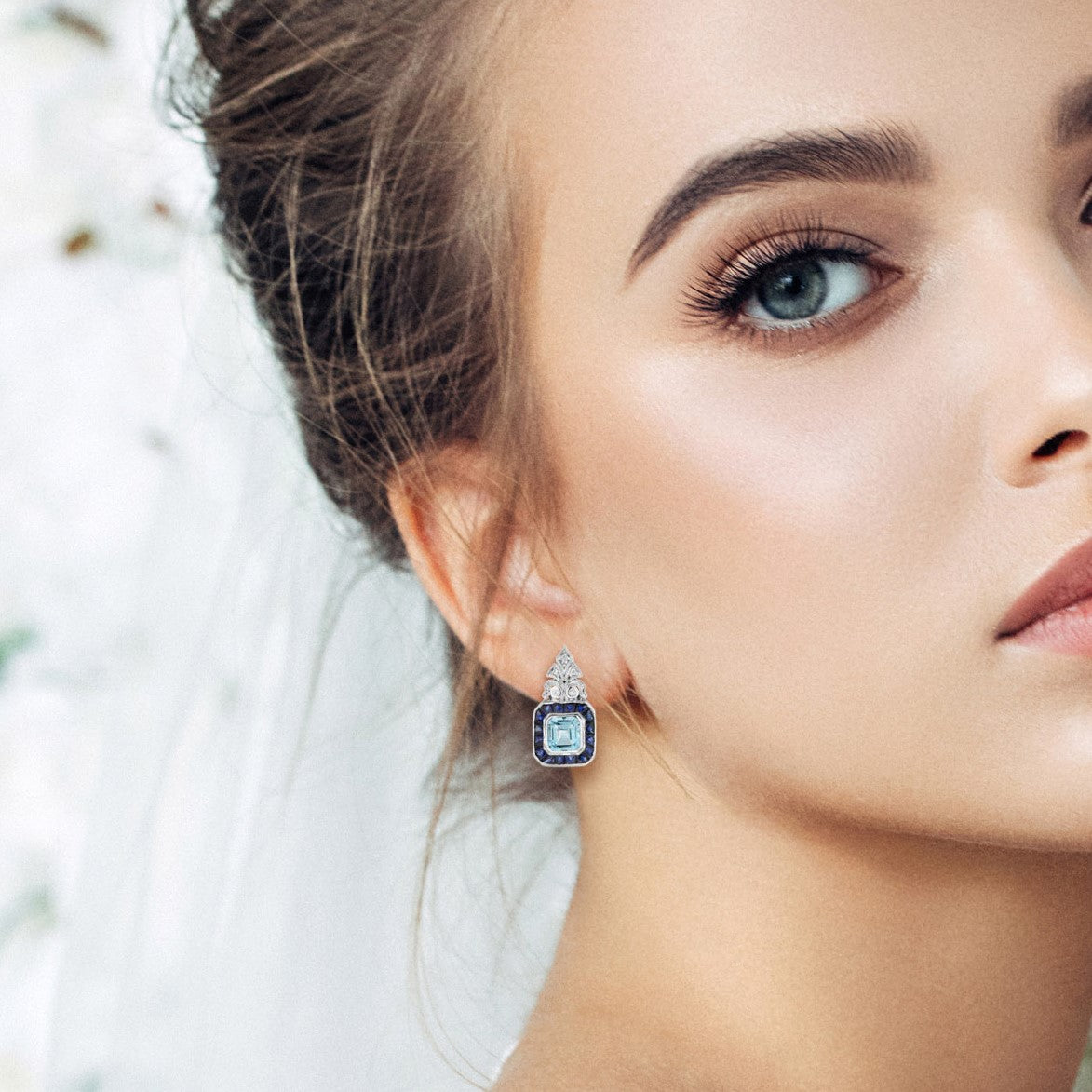 Blue Aquamarine & Sapphire Diamond Art Deco Style Stud 14K White Gold Earrings