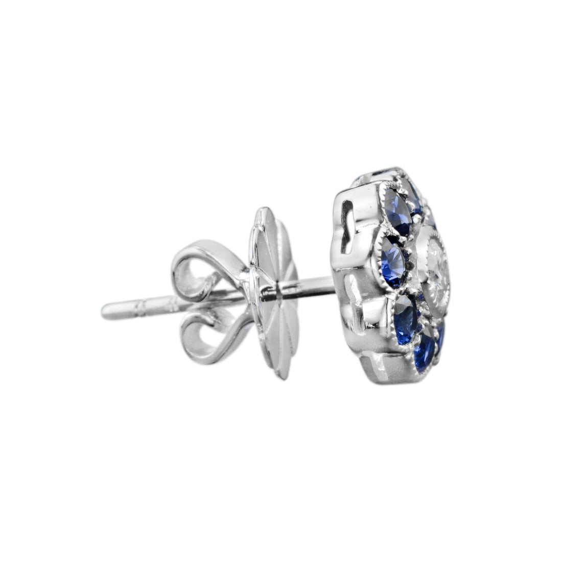 Diamond & Blue Sapphire Vintage Style Floral Flower 14K White Gold Stud Earrings