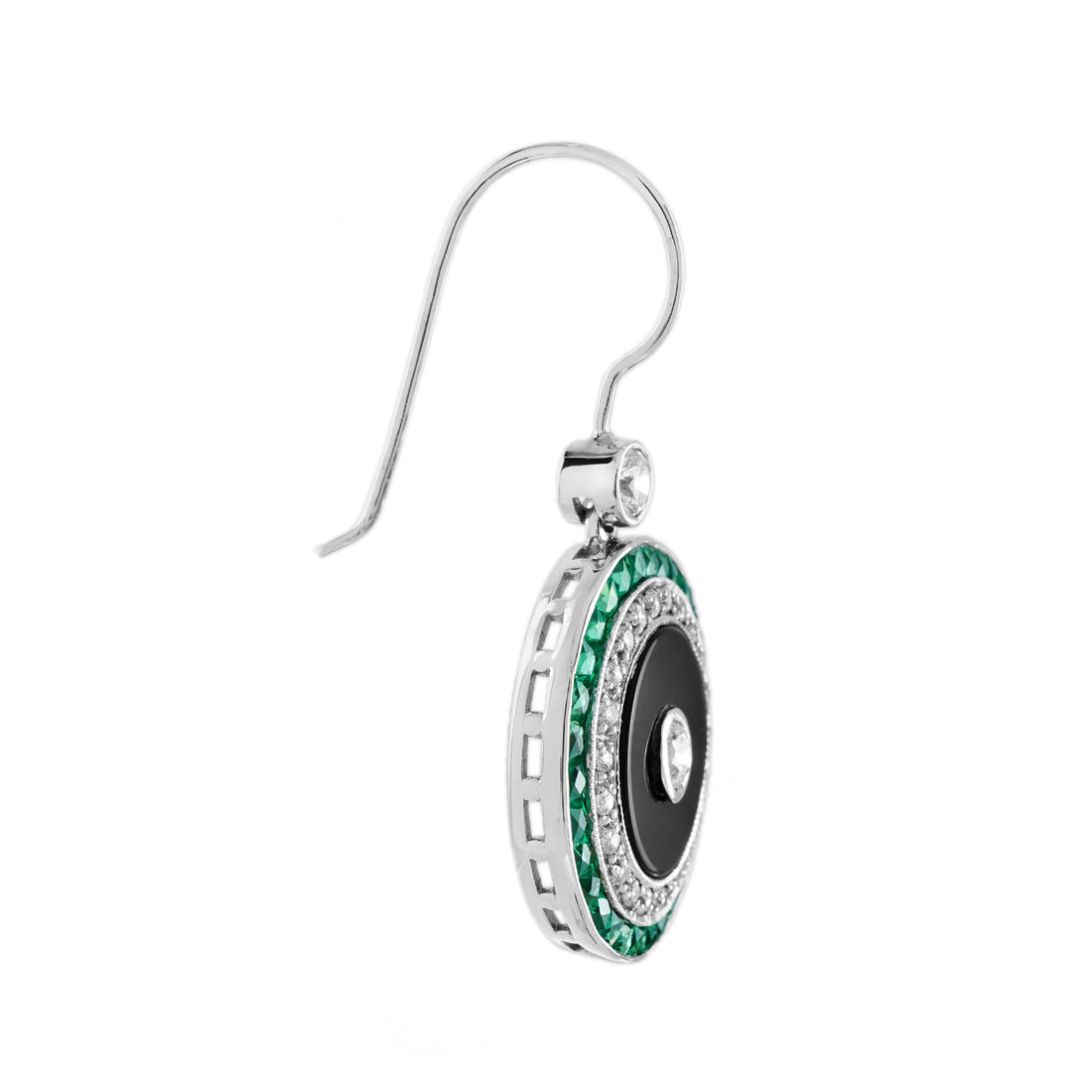 Diamond Onyx Emerald Art Deco Style Target Drop 14K White Gold Earrings