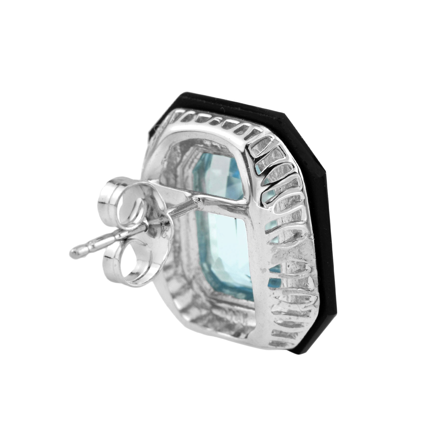 Octagon Emerald Cut Art Deco Style Blue Topaz & Onyx White Gold Stud Earrings