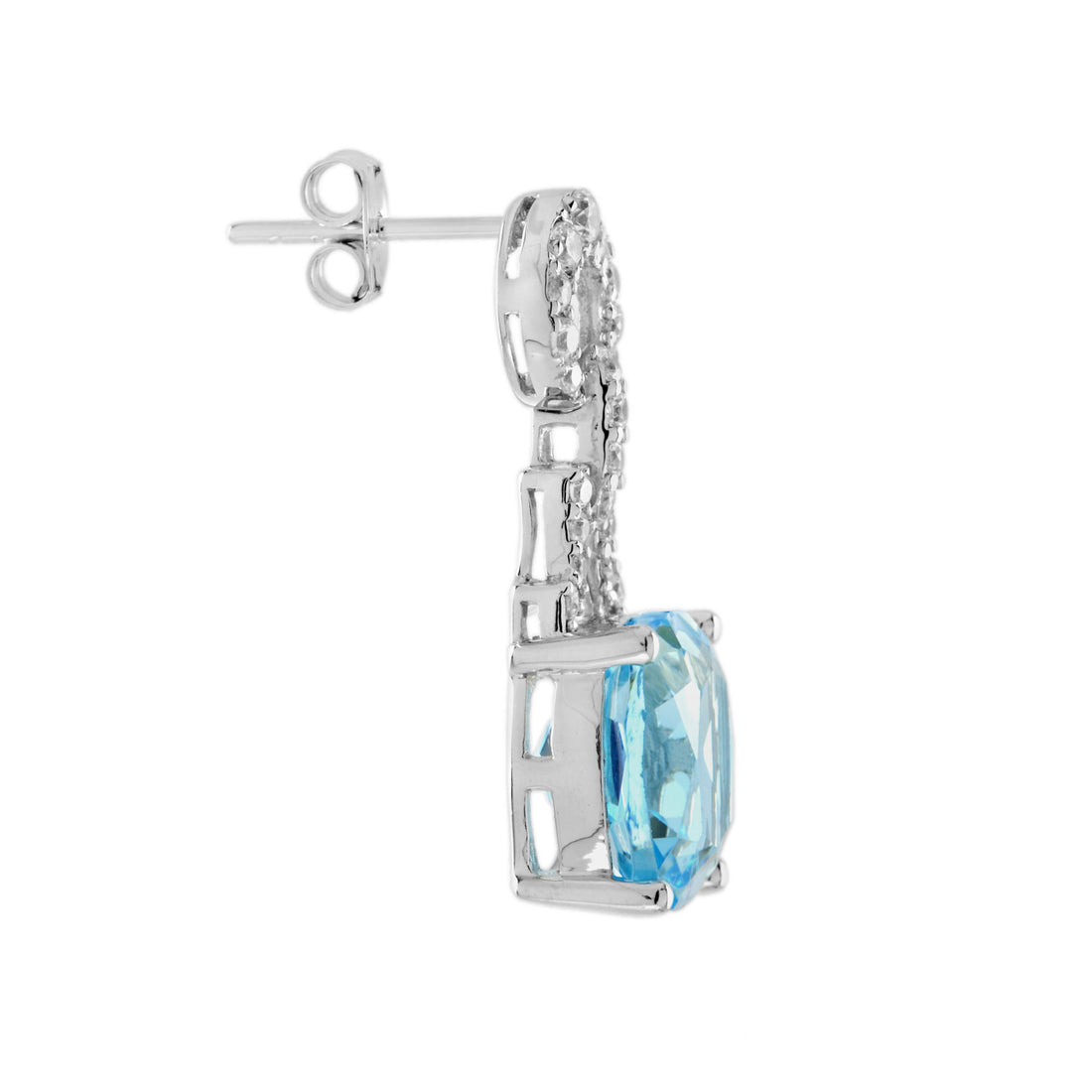 Cushion Blue Topaz & Diamond Art Deco Style Drop 14K White Gold Earrings