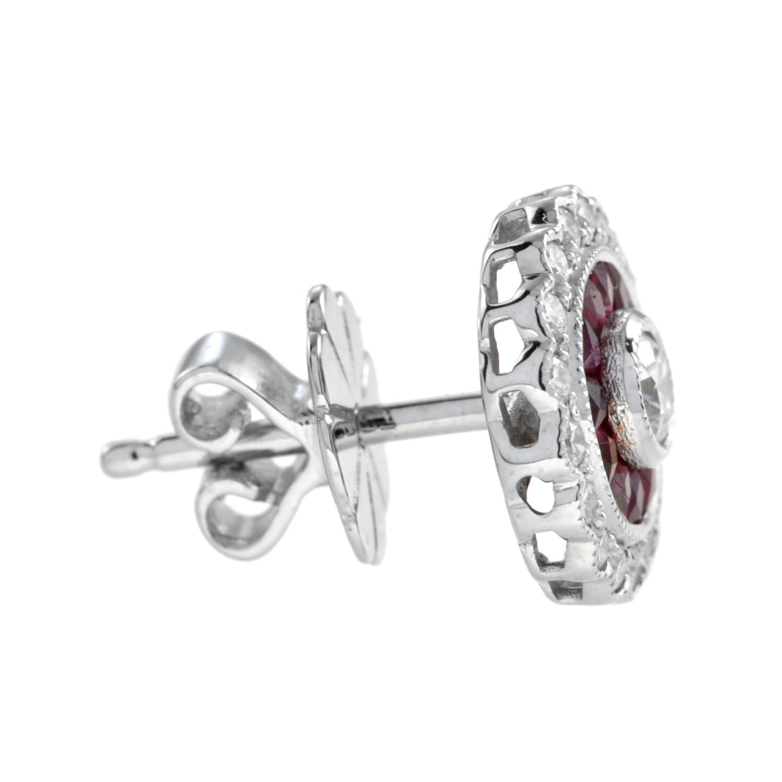 Round Diamond & Ruby Art Deco Style Floral Halo Set Stud Earrings