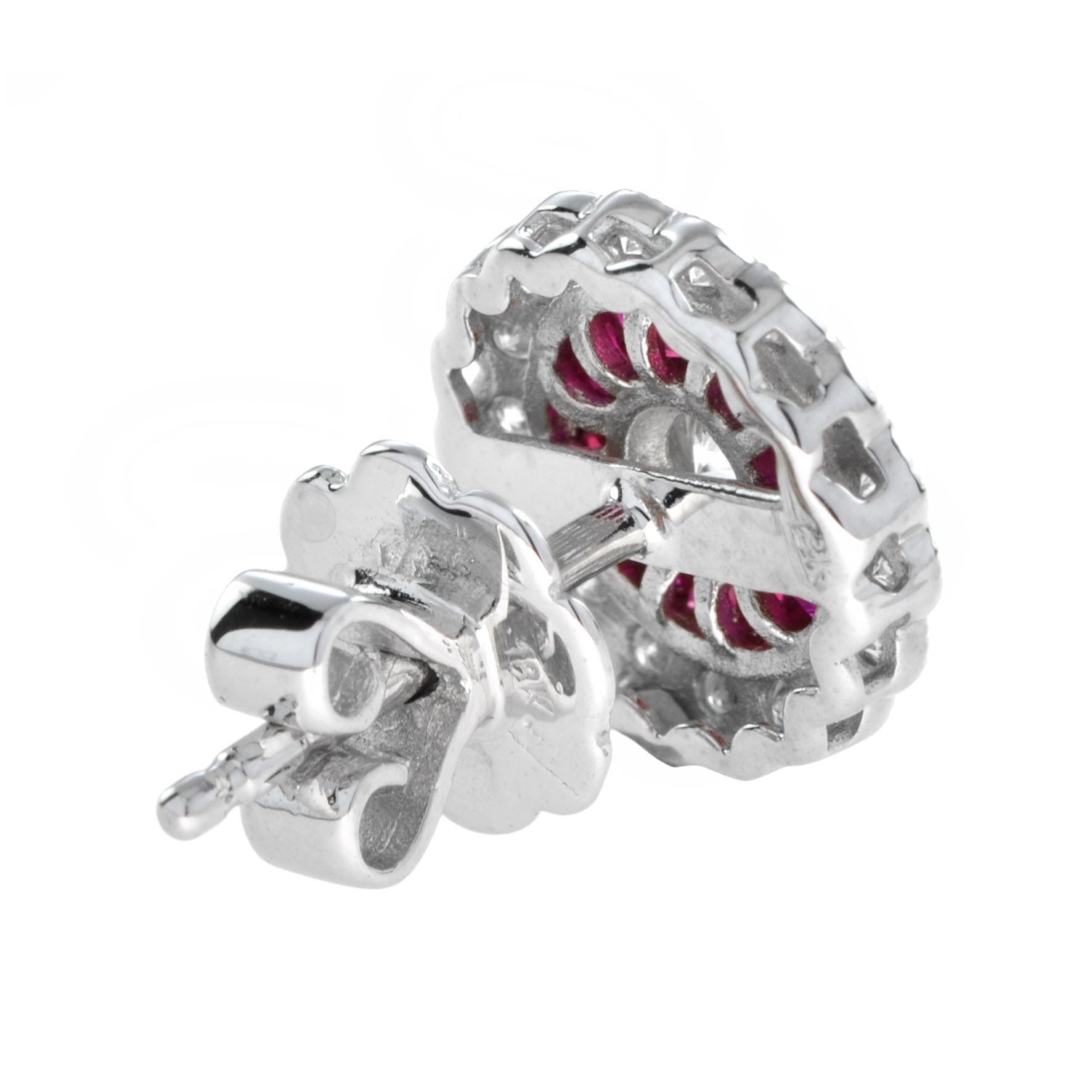 Round Diamond & Ruby Art Deco Style Floral Halo Set Stud Earrings