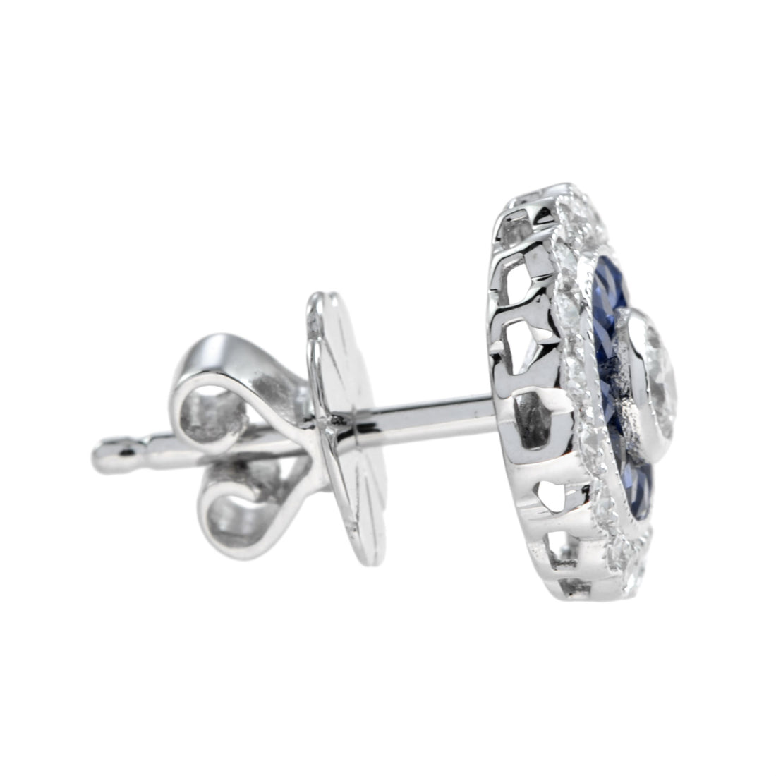 3mm Round Diamond & Blue Sapphire Vintage Style Halo Stud White Gold Earrings