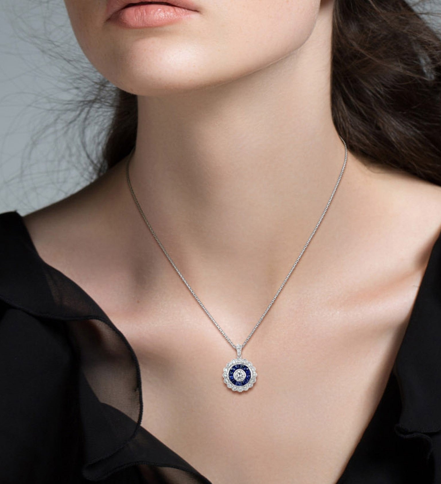 4mm Round Diamond & Blue Sapphire Vintage Inspired Halo 14K White Gold Pendant