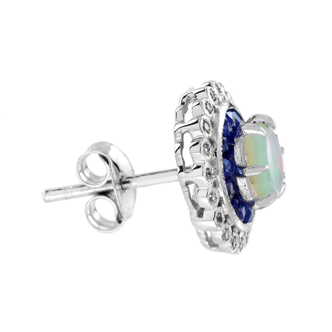Opal & Blue Sapphire Diamond Halo Set Vintage Style Stud White Gold Earrings