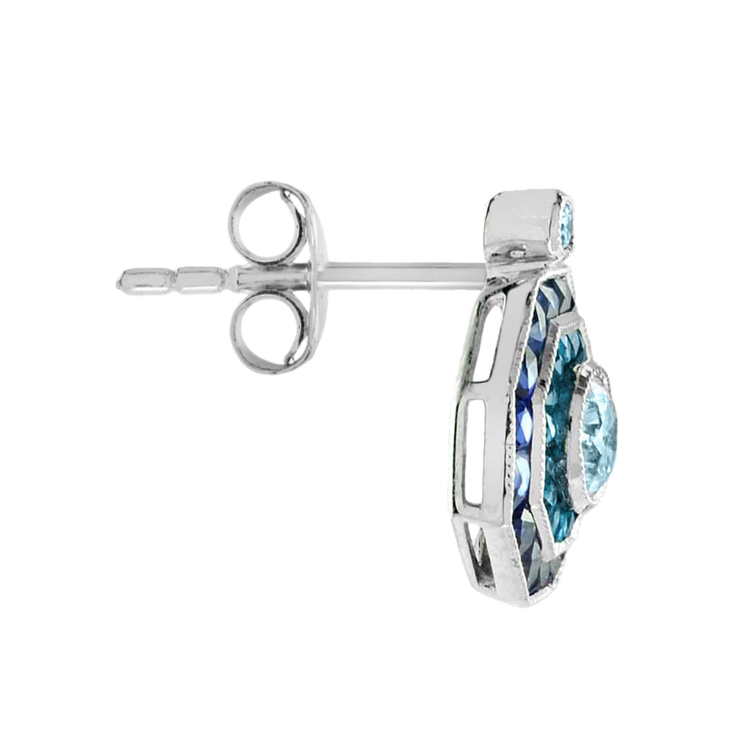 Aquamarine London Blue Topaz & Sapphire Art Deco Style White Gold Stud Earrings