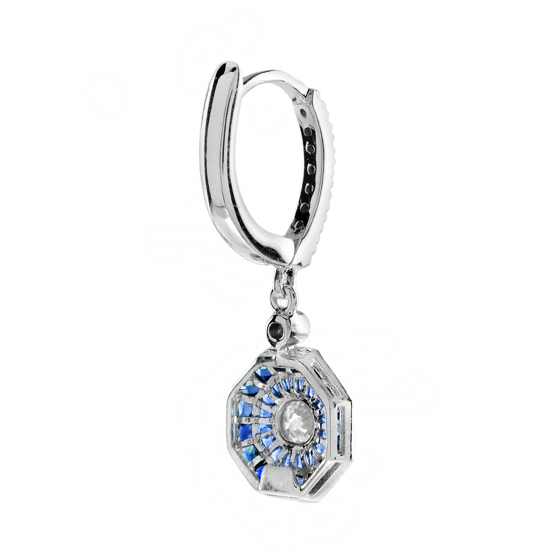 Diamond & Blue Sapphire Art Deco Style Drop 14K White Gold Earrings
