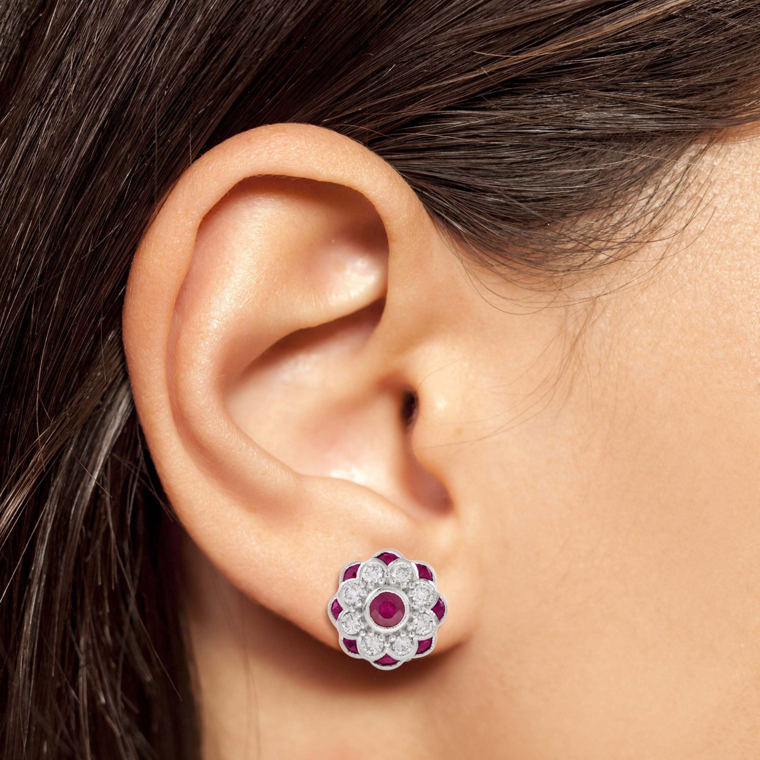 Red Pink Ruby & Diamond Peony Floral Round Diamond 14K White Gold Stud Earrings