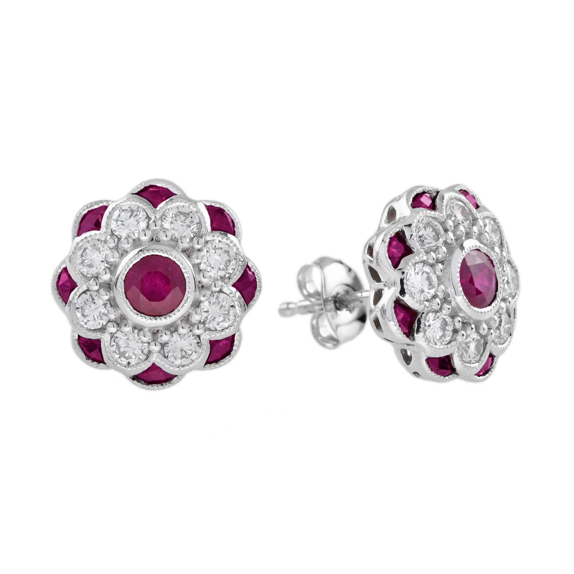 Red Pink Ruby & Diamond Peony Floral Round Diamond 14K White Gold Stud Earrings
