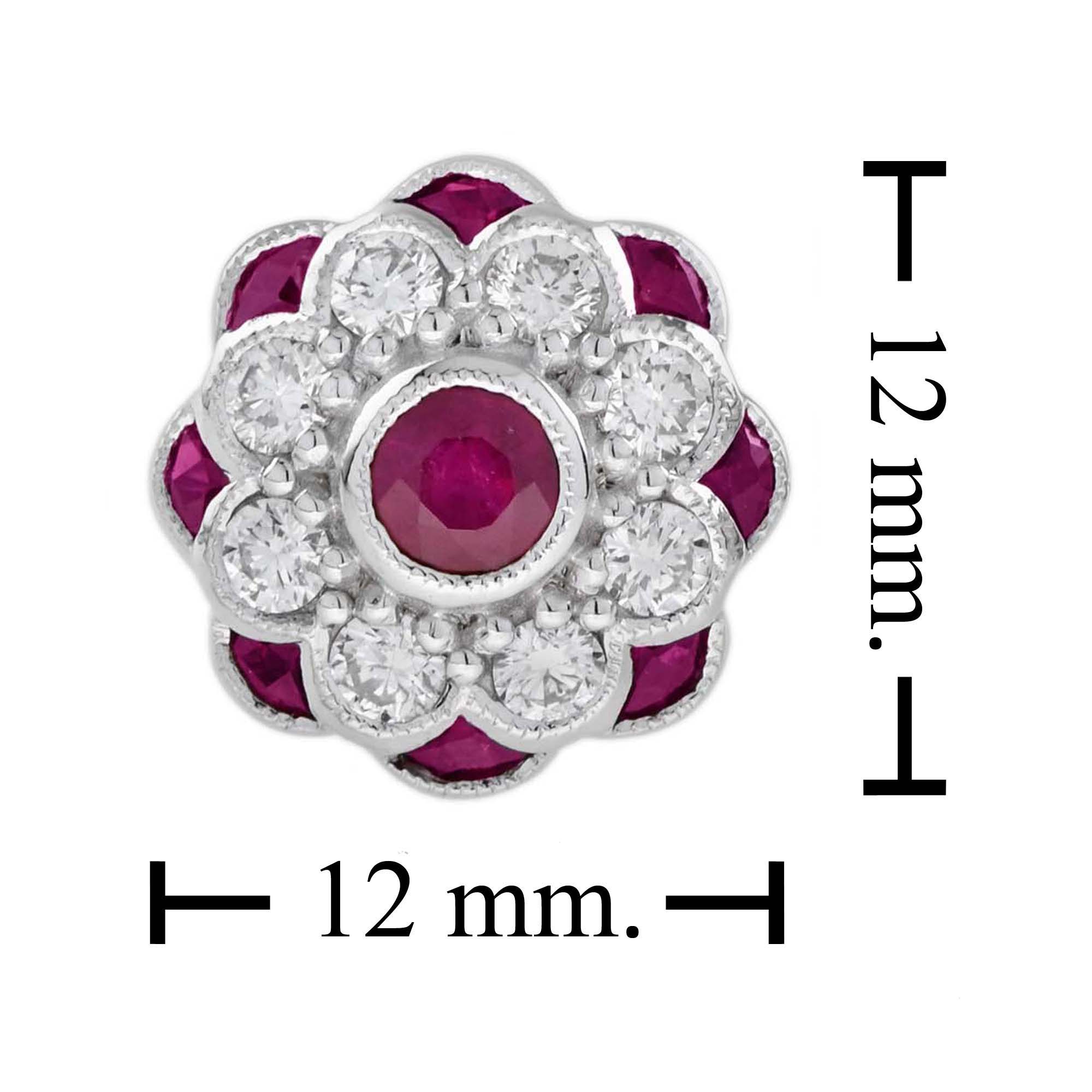 Red Pink Ruby & Diamond Peony Floral Round Diamond 14K White Gold Stud Earrings