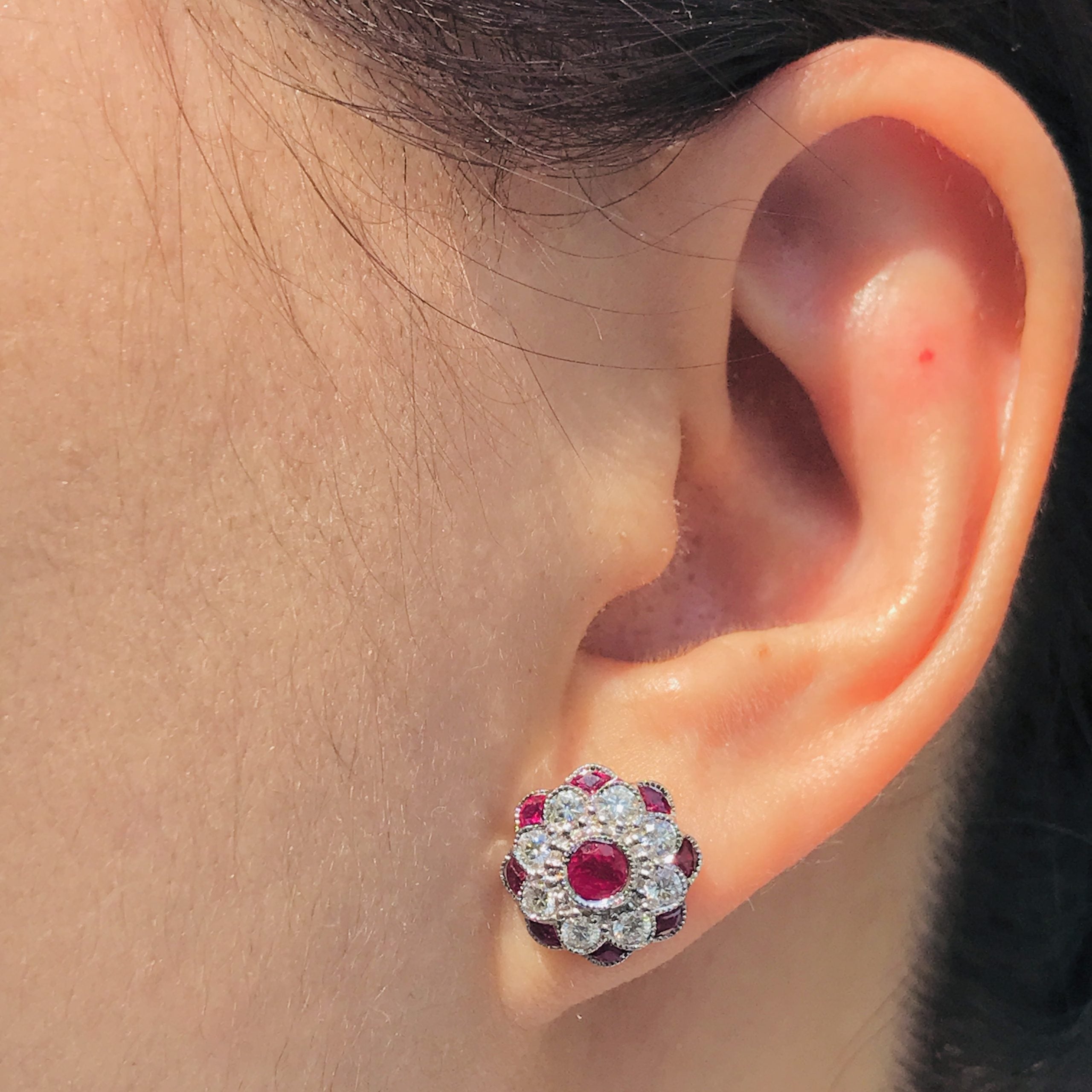 Red Pink Ruby & Diamond Peony Floral Round Diamond 14K White Gold Stud Earrings