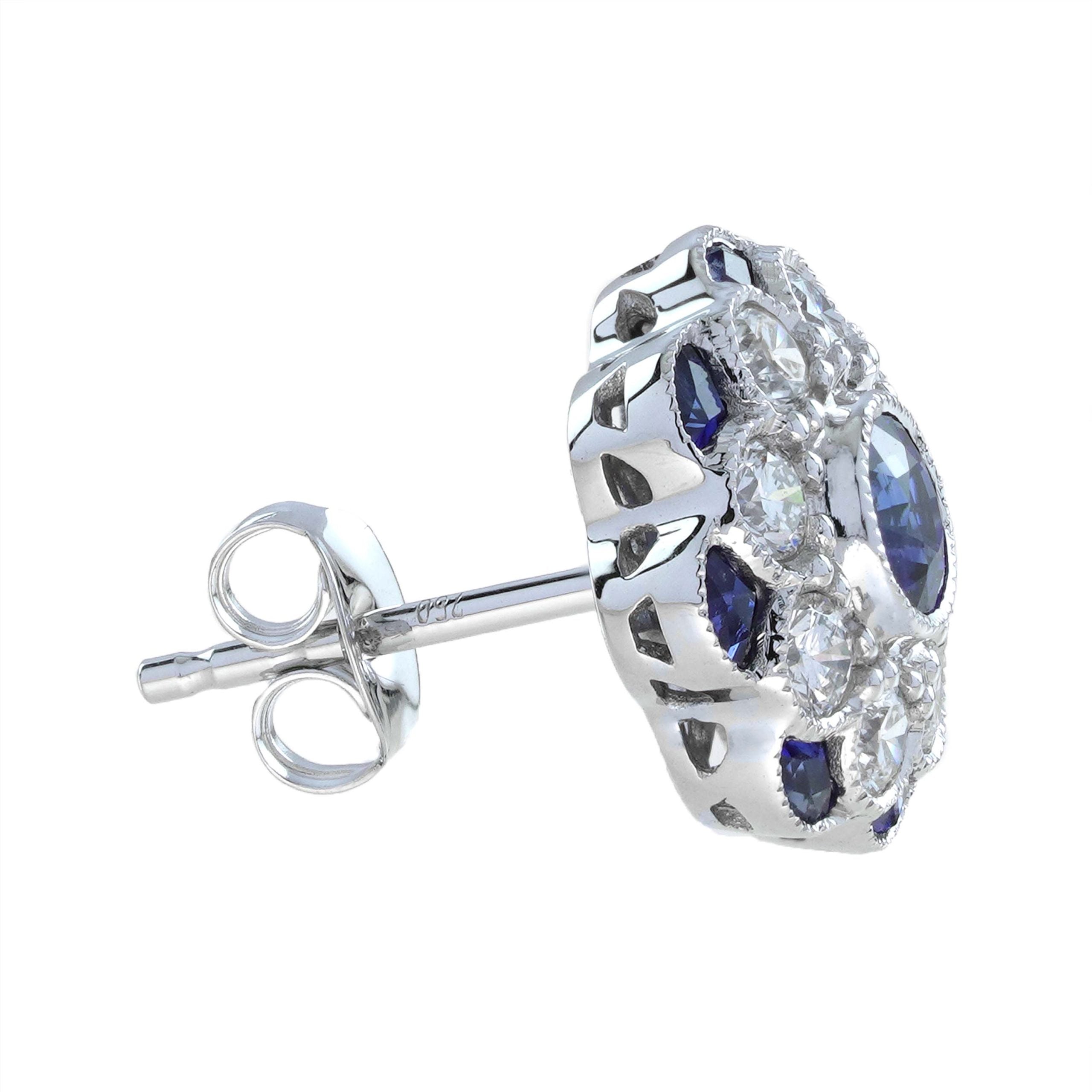 Sapphire & Diamond Ring Stud Earrings Floral Flower White Gold Jewelry Set