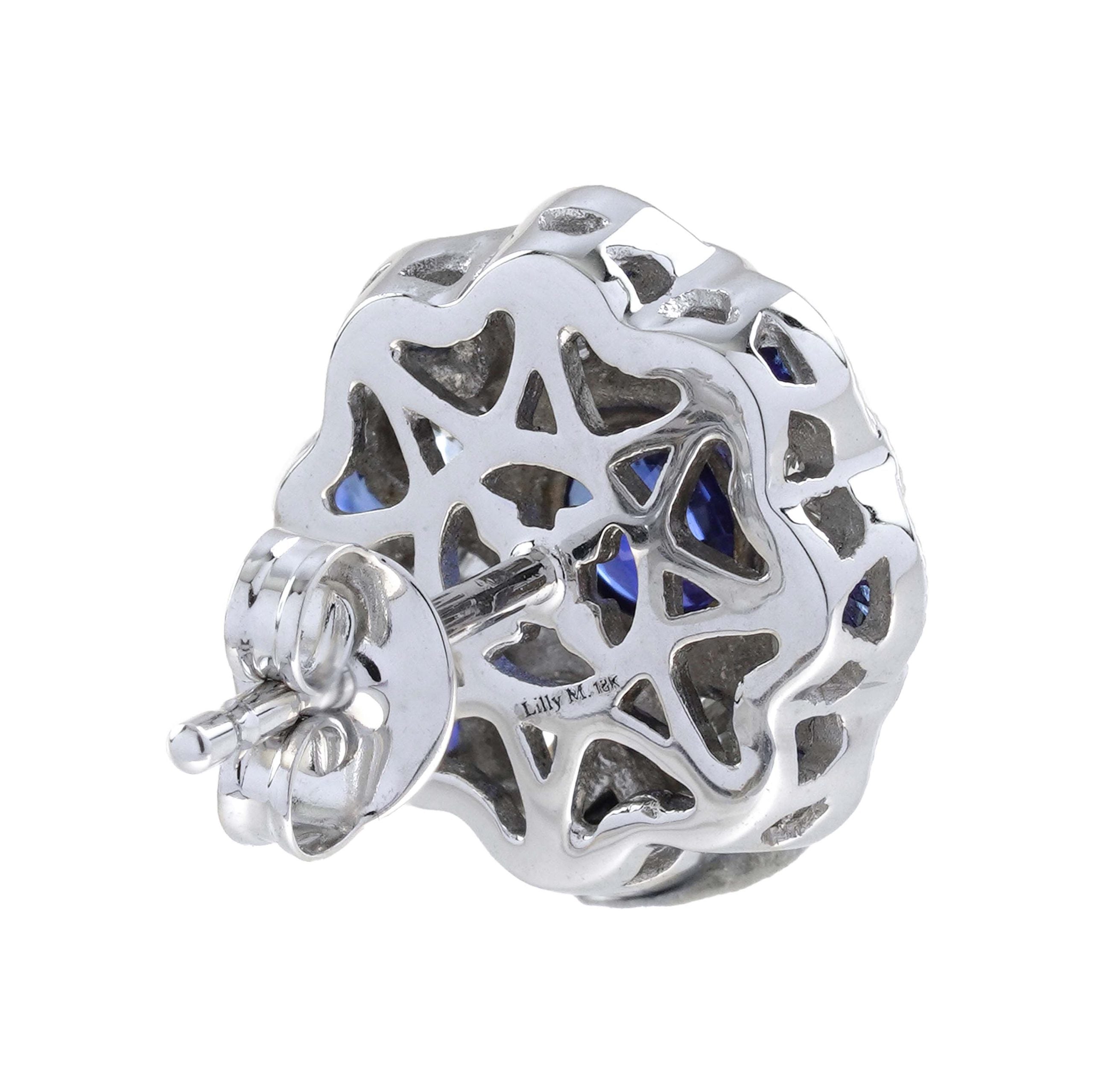 Sapphire & Diamond Ring Stud Earrings Floral Flower White Gold Jewelry Set