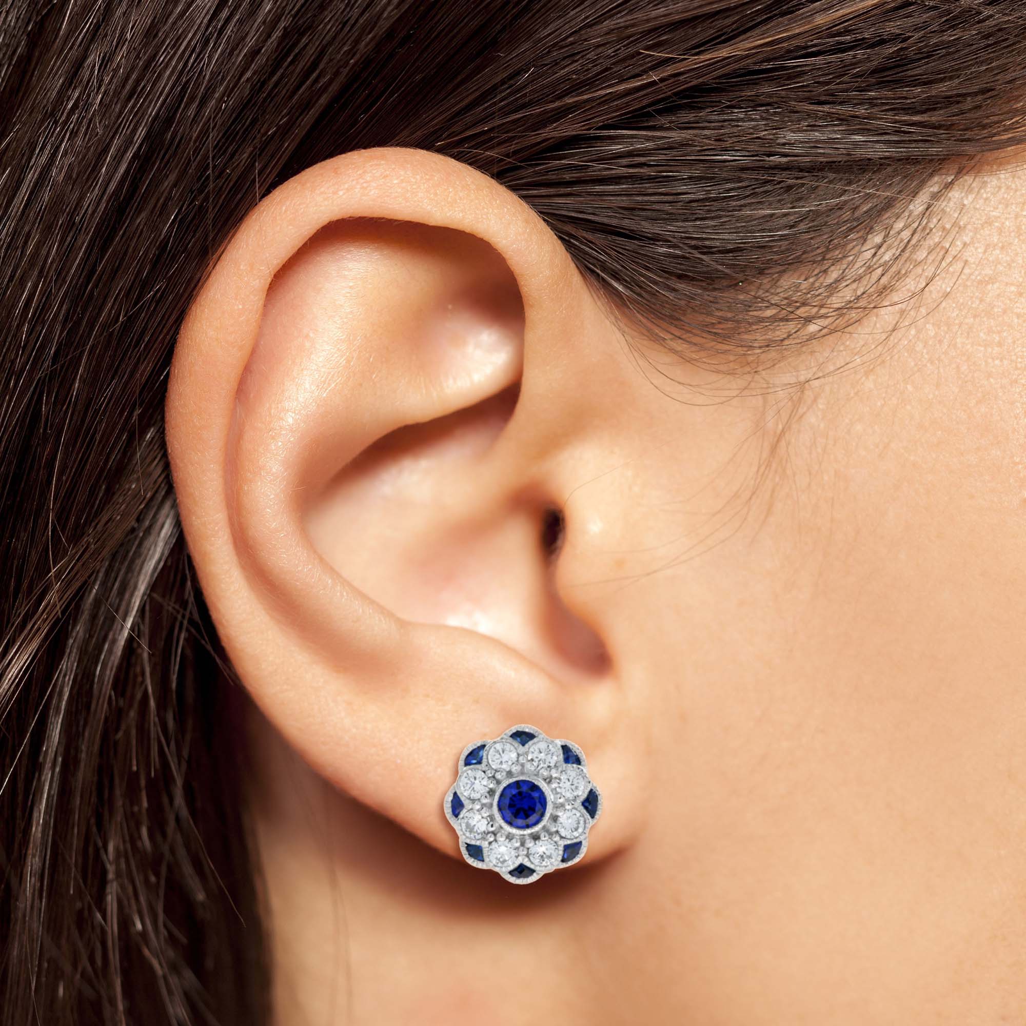 Sapphire & Diamond Ring Stud Earrings Floral Flower White Gold Jewelry Set