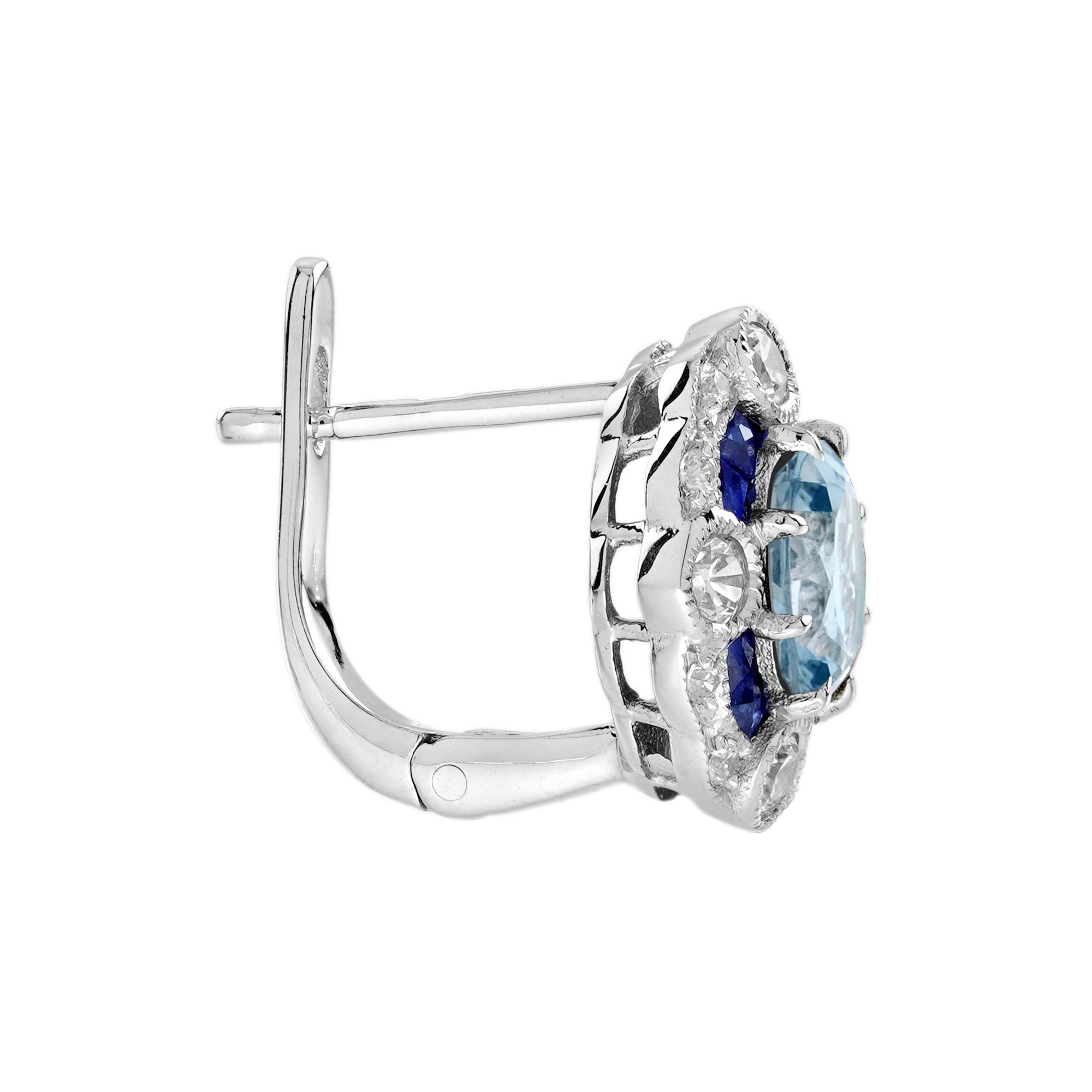Blue Aquamarine & Sapphire Diamond Halo Art Deco Style White Gold Earrings