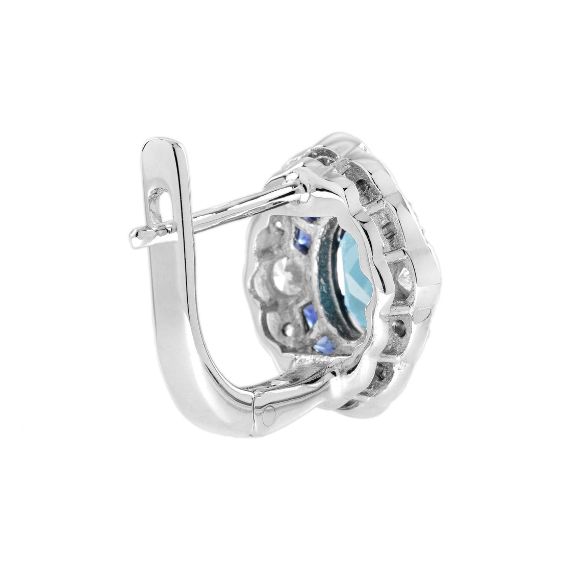 Blue Aquamarine & Sapphire Diamond Halo Art Deco Style White Gold Earrings