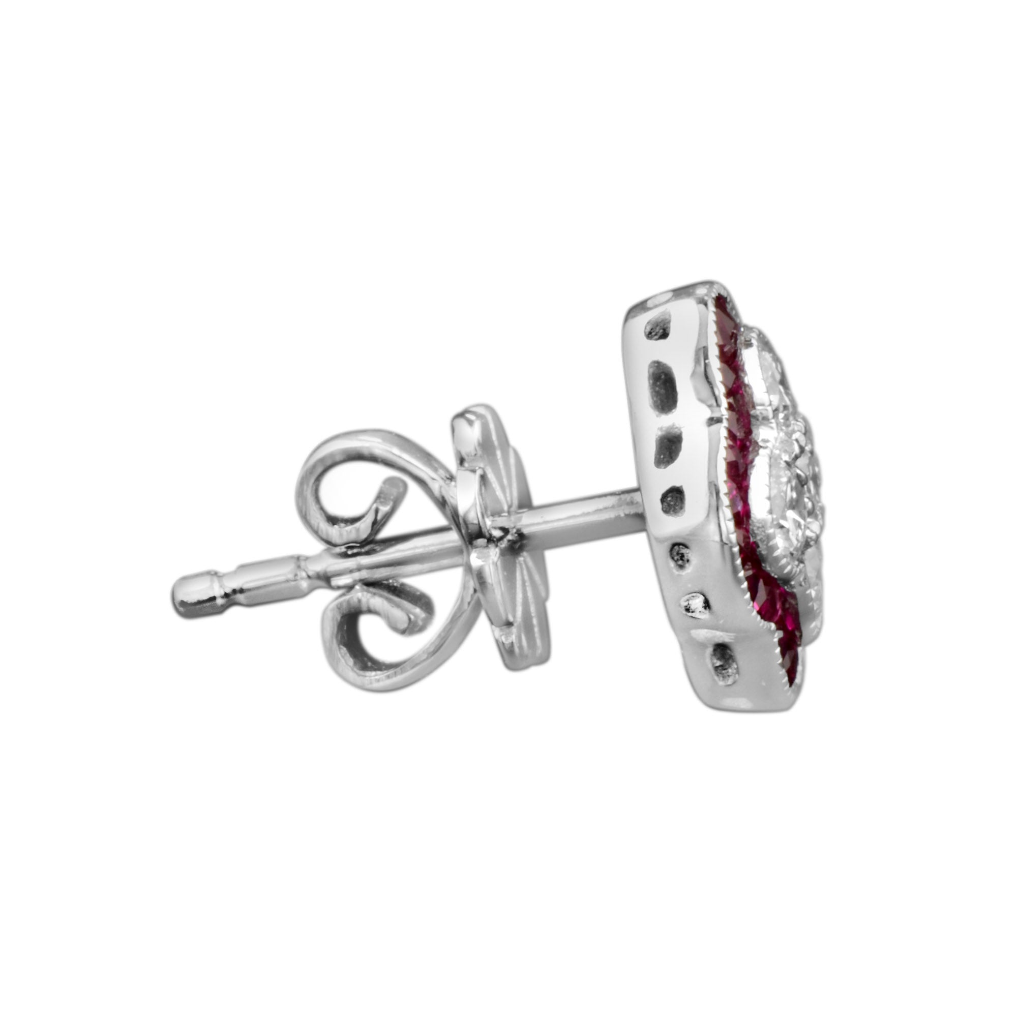 Diamond Ruby Art Deco Style Floral Cluster Ring & Earring Lover White Gold Set