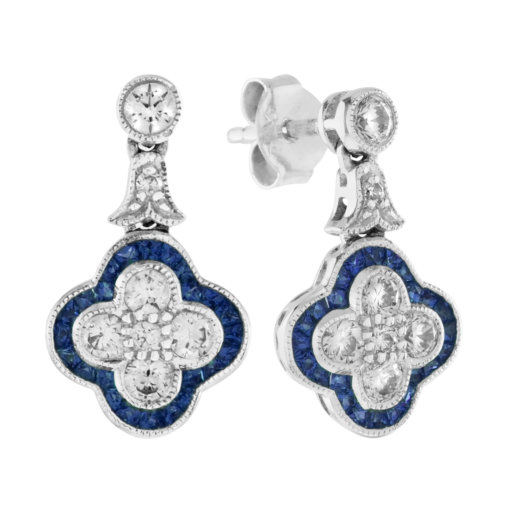 Diamond & Blue Sapphire Halo Art Deco Style Clover Cluster White Gold Earrings