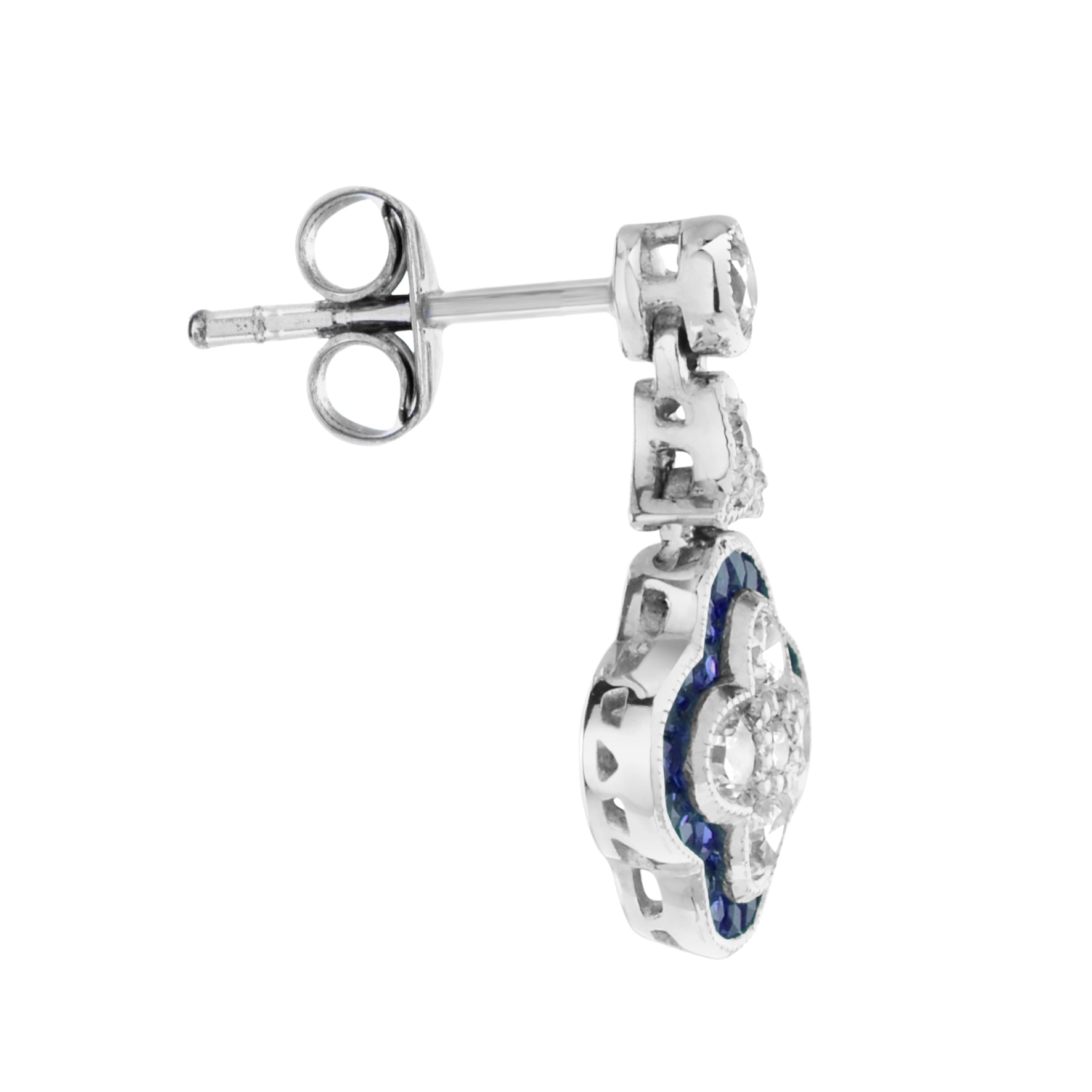 Diamond & Blue Sapphire Halo Art Deco Style Clover Cluster White Gold Earrings