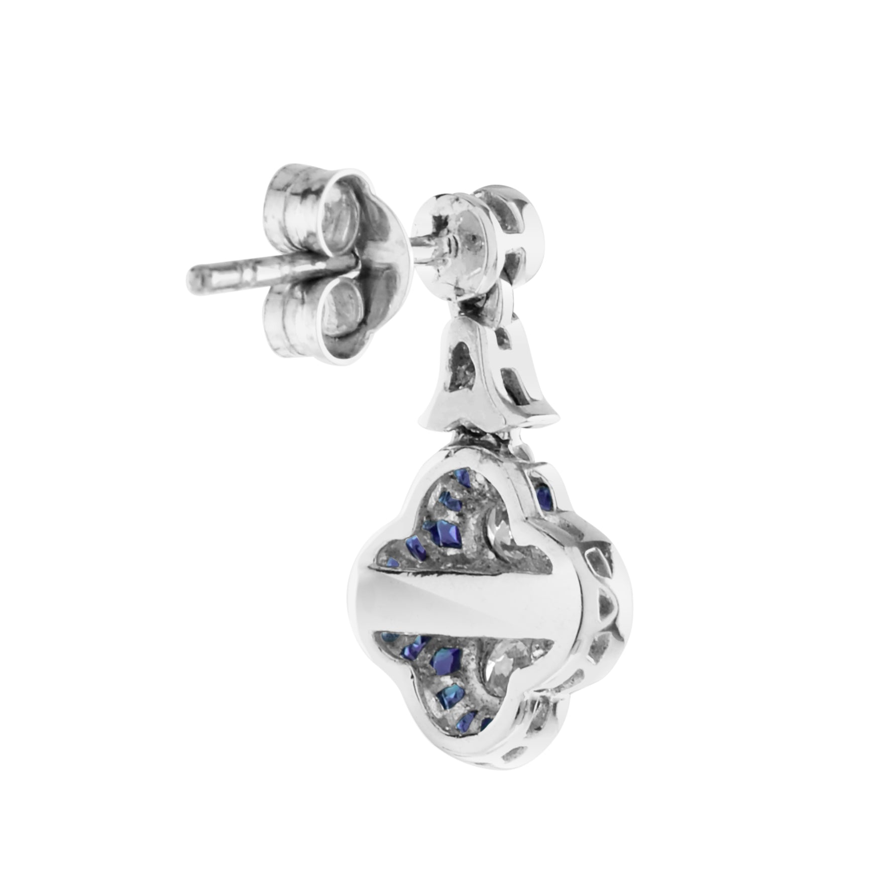 Diamond & Blue Sapphire Halo Art Deco Style Clover Cluster White Gold Earrings