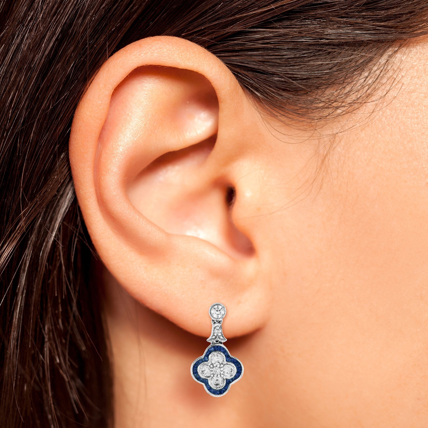Diamond & Blue Sapphire Halo Art Deco Style Clover Cluster White Gold Earrings
