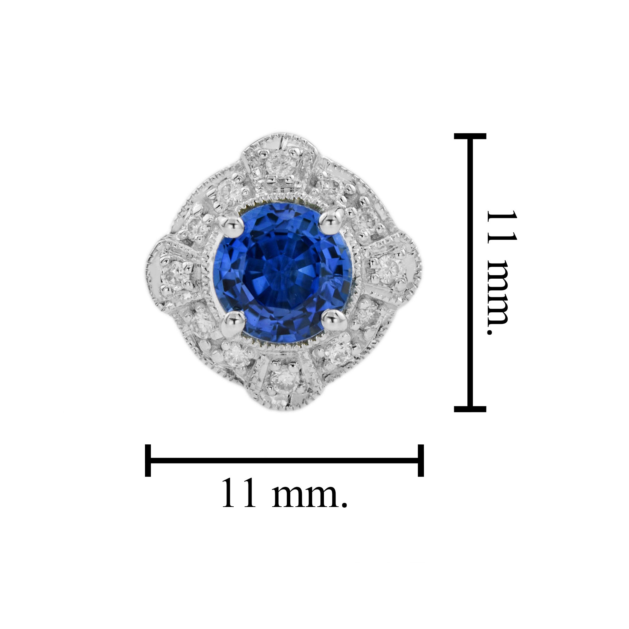Round Blue Ceylon Sapphire & Diamond Art Deco Style Stud 18K White Gold Earrings