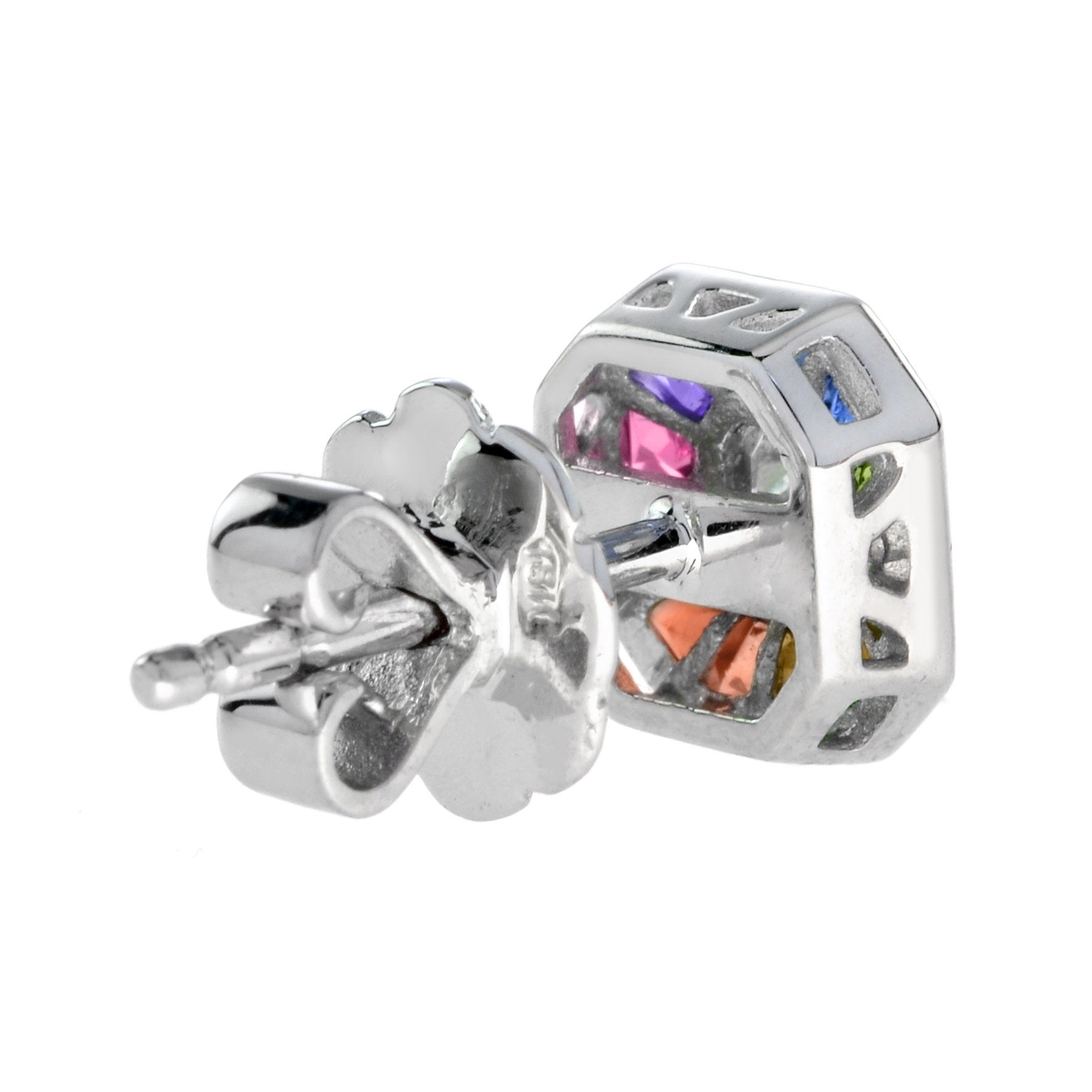 Diamond Rainbow Sapphire Octagon Shape Stud 14K White Gold Earrings