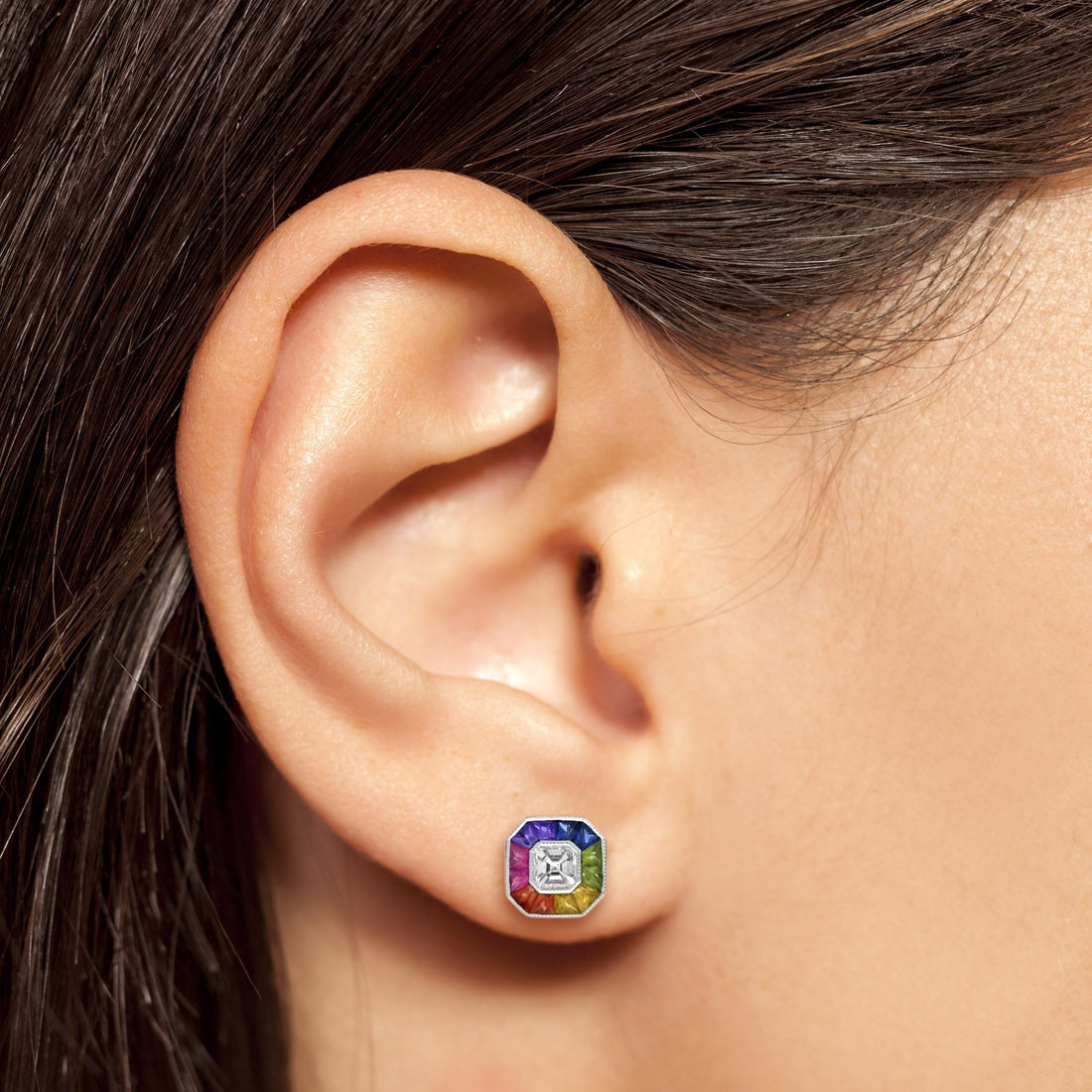 Diamond Rainbow Sapphire Octagon Shape Stud 14K White Gold Earrings