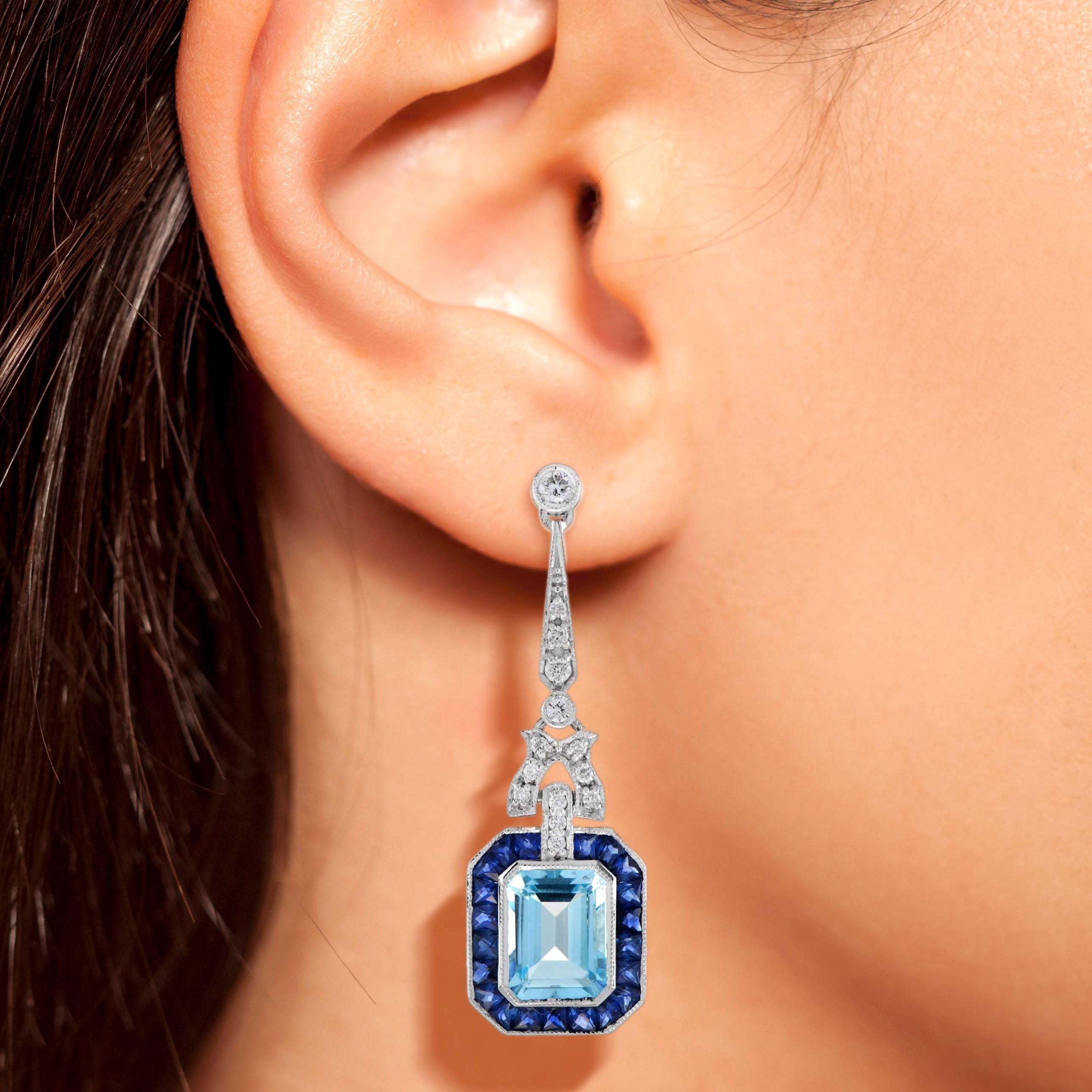 Blue Topaz & Sapphire Diamond Art Deco Style Drop 14K White Gold Earrings