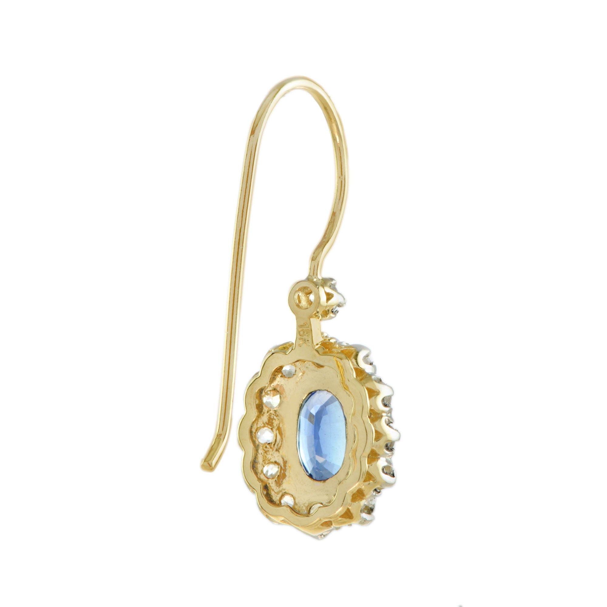 Ceylon Oval Shape Blue Sapphire Diamond Halo Antique Style 18K Gold Earrings