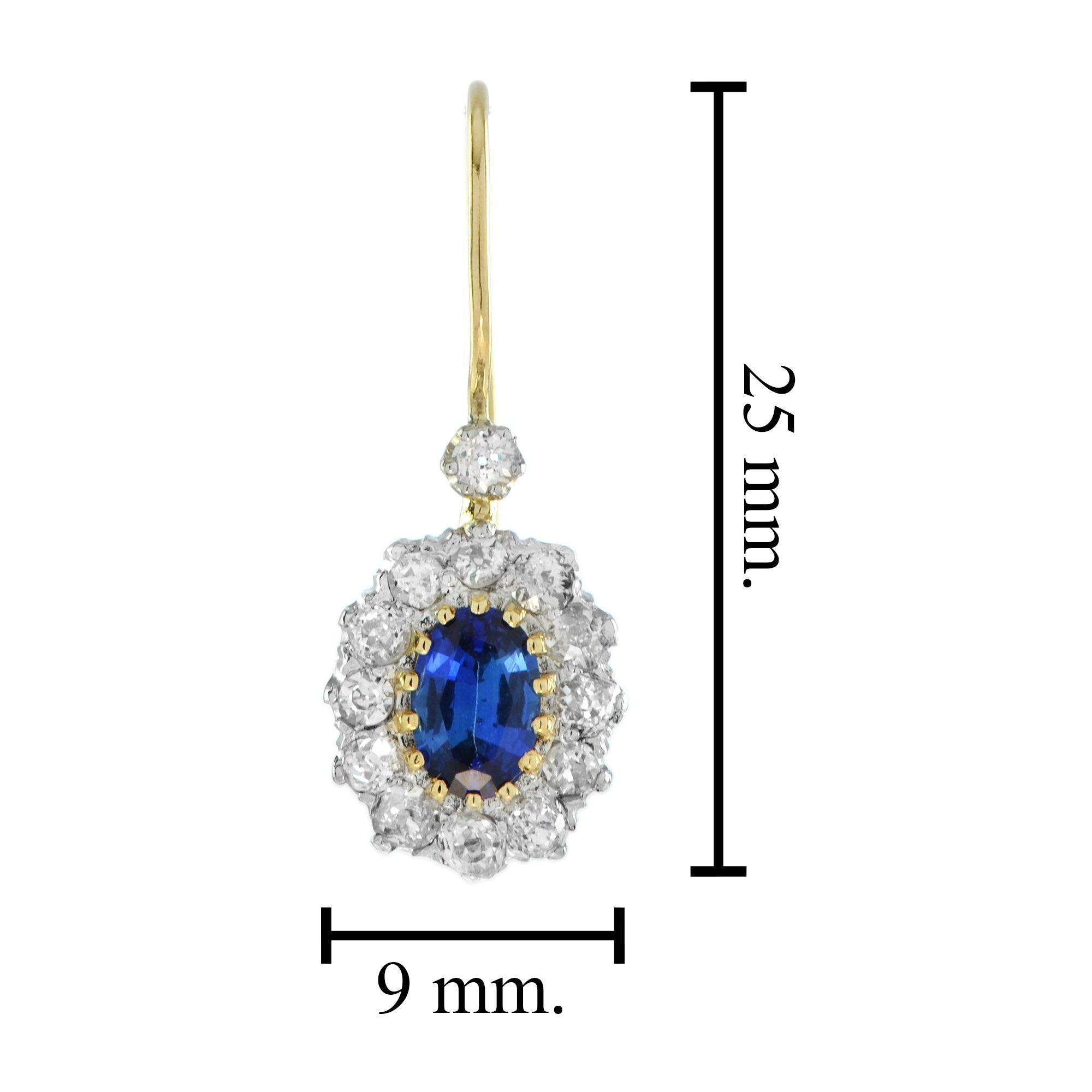 Ceylon Oval Shape Blue Sapphire Diamond Halo Antique Style 18K Gold Earrings