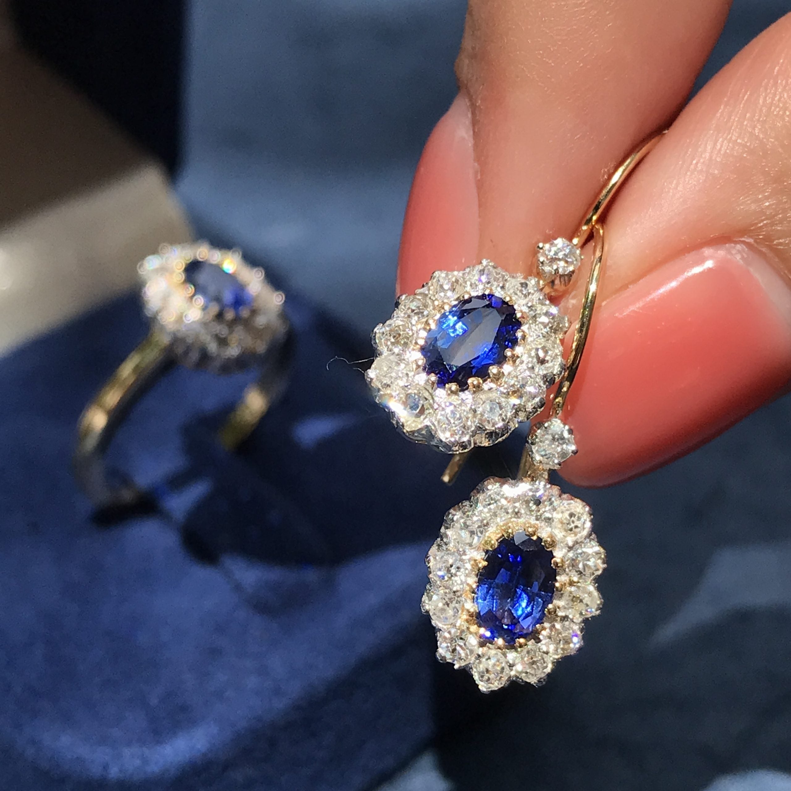 Ceylon Oval Shape Blue Sapphire Diamond Halo Antique Style 18K Gold Earrings