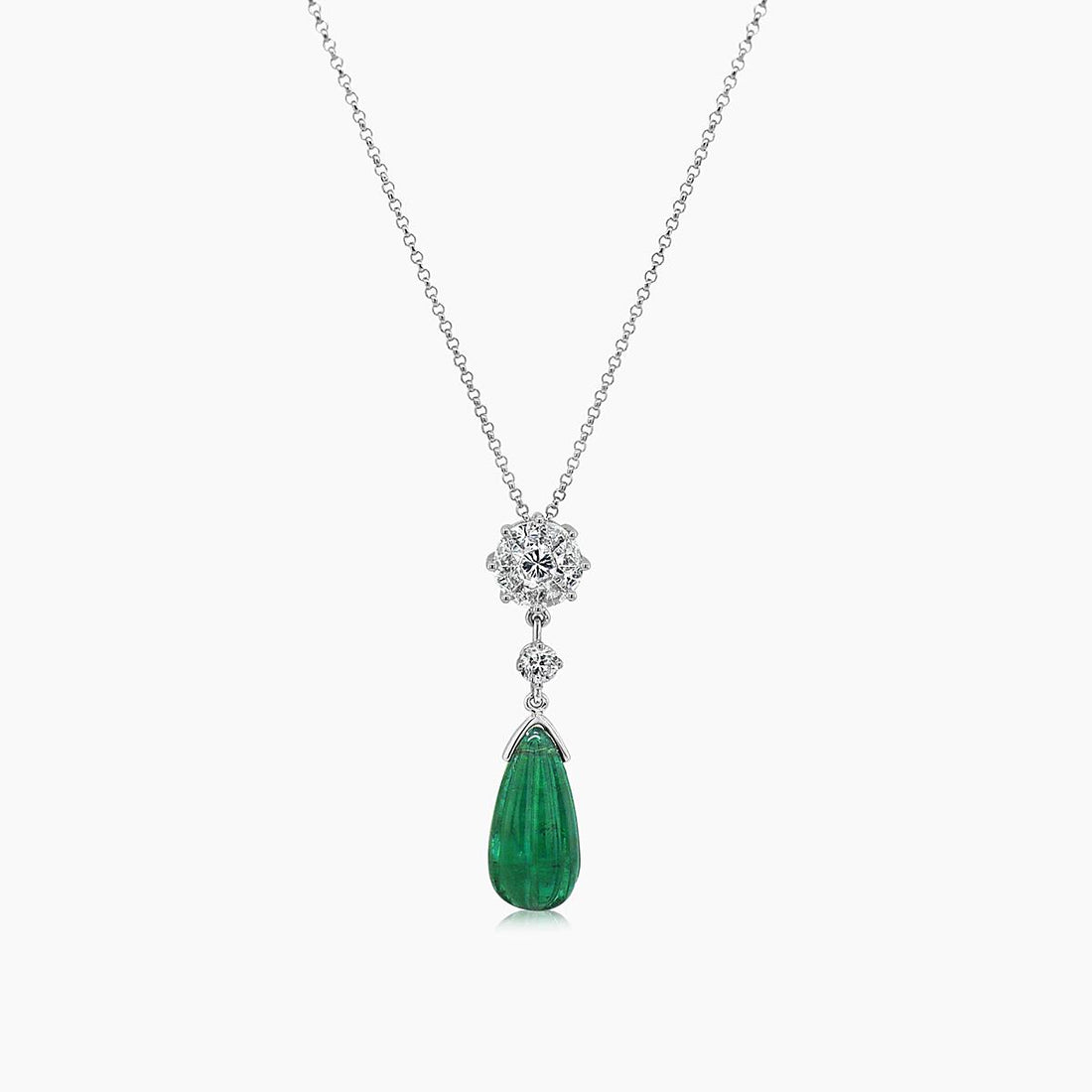 Briolette Green Emerald White Diamond 18K White Gold Pendant Necklace