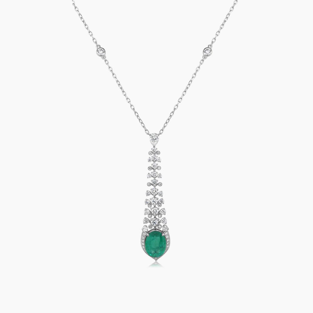 Green Emerald & Pear Diamond & White Diamond 18K White Gold Pendant Necklace