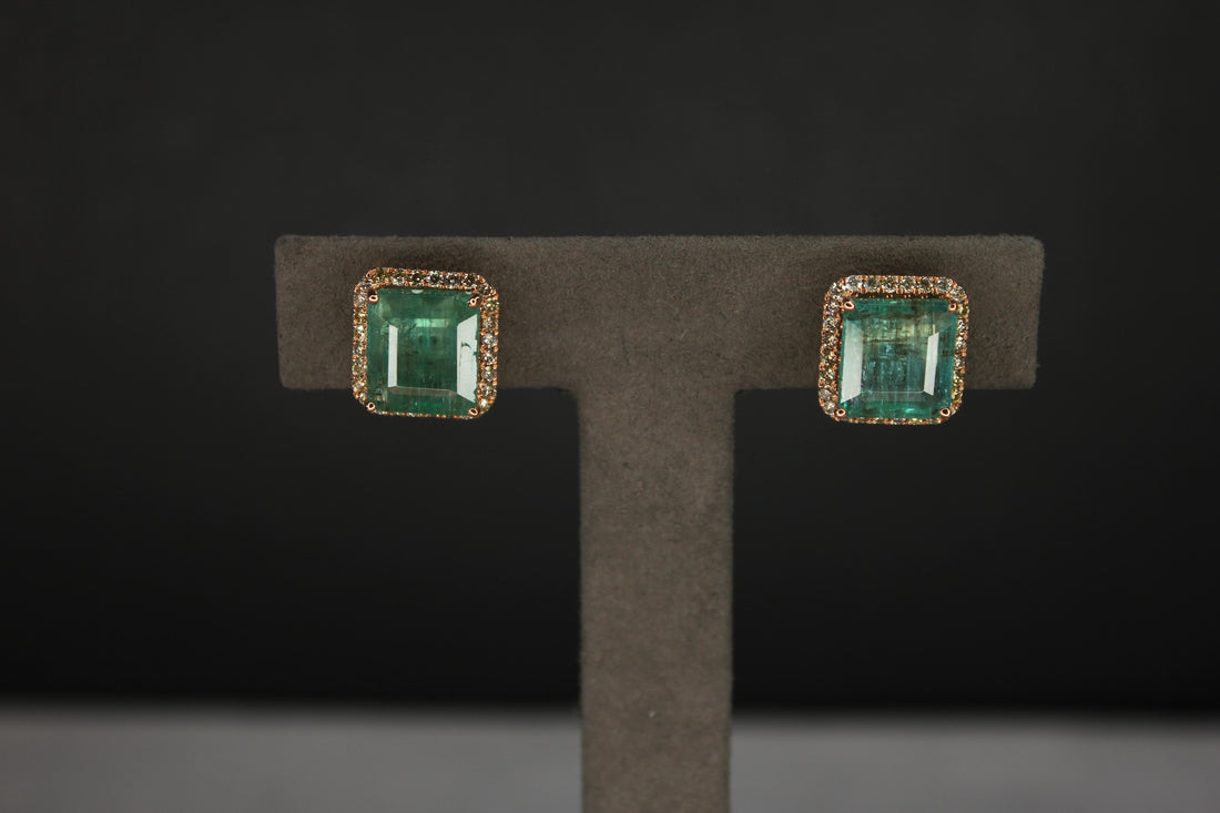 Emerald Cut Green Emerald Diamond Halo Stud 18K Rose Gold Earrings