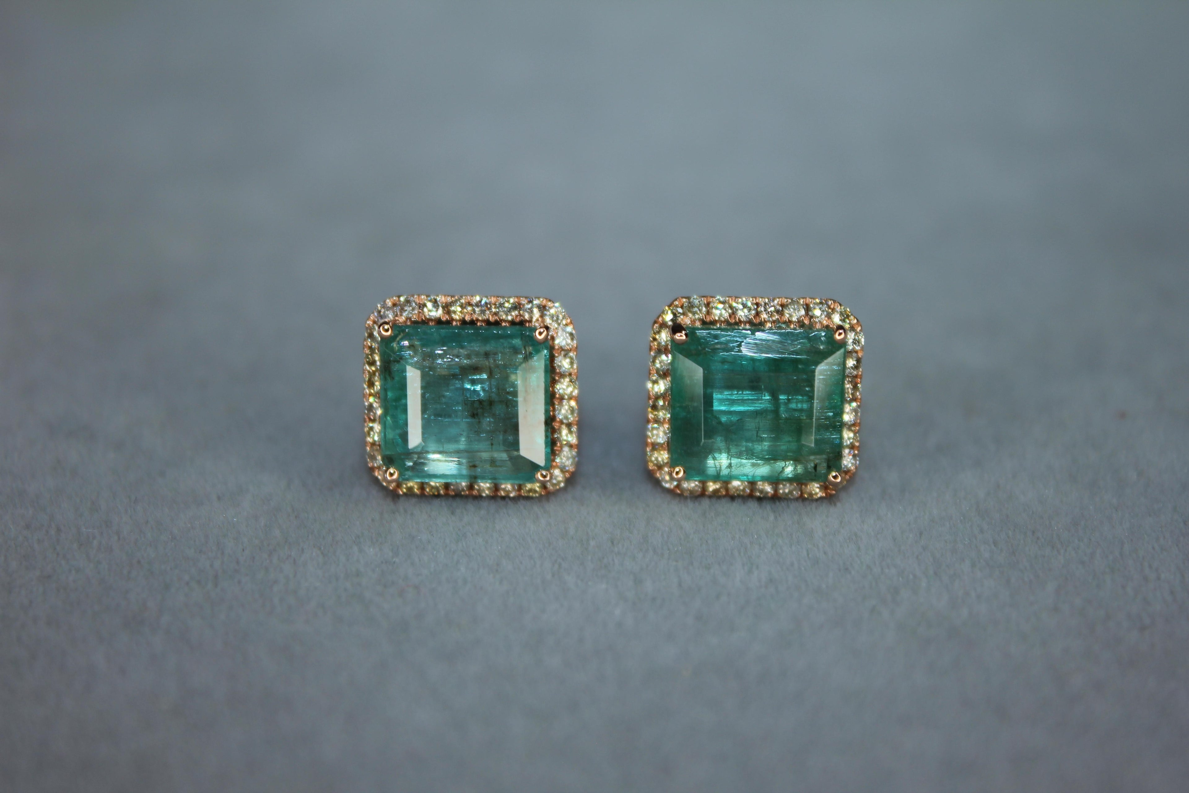 Emerald Cut Green Emerald Diamond Halo Stud 18K Rose Gold Earrings