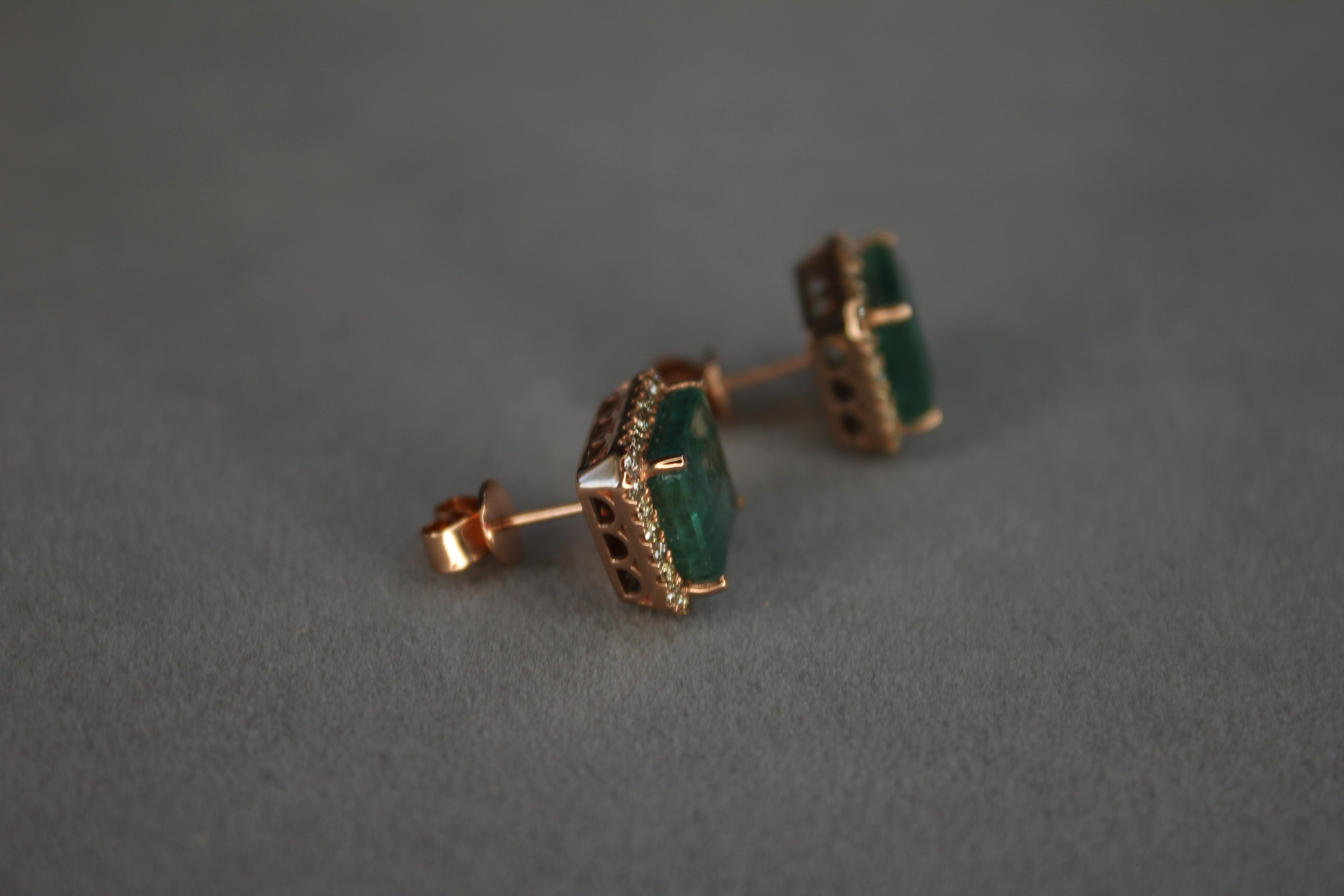 Emerald Cut Green Emerald Diamond Halo Stud 18K Rose Gold Earrings
