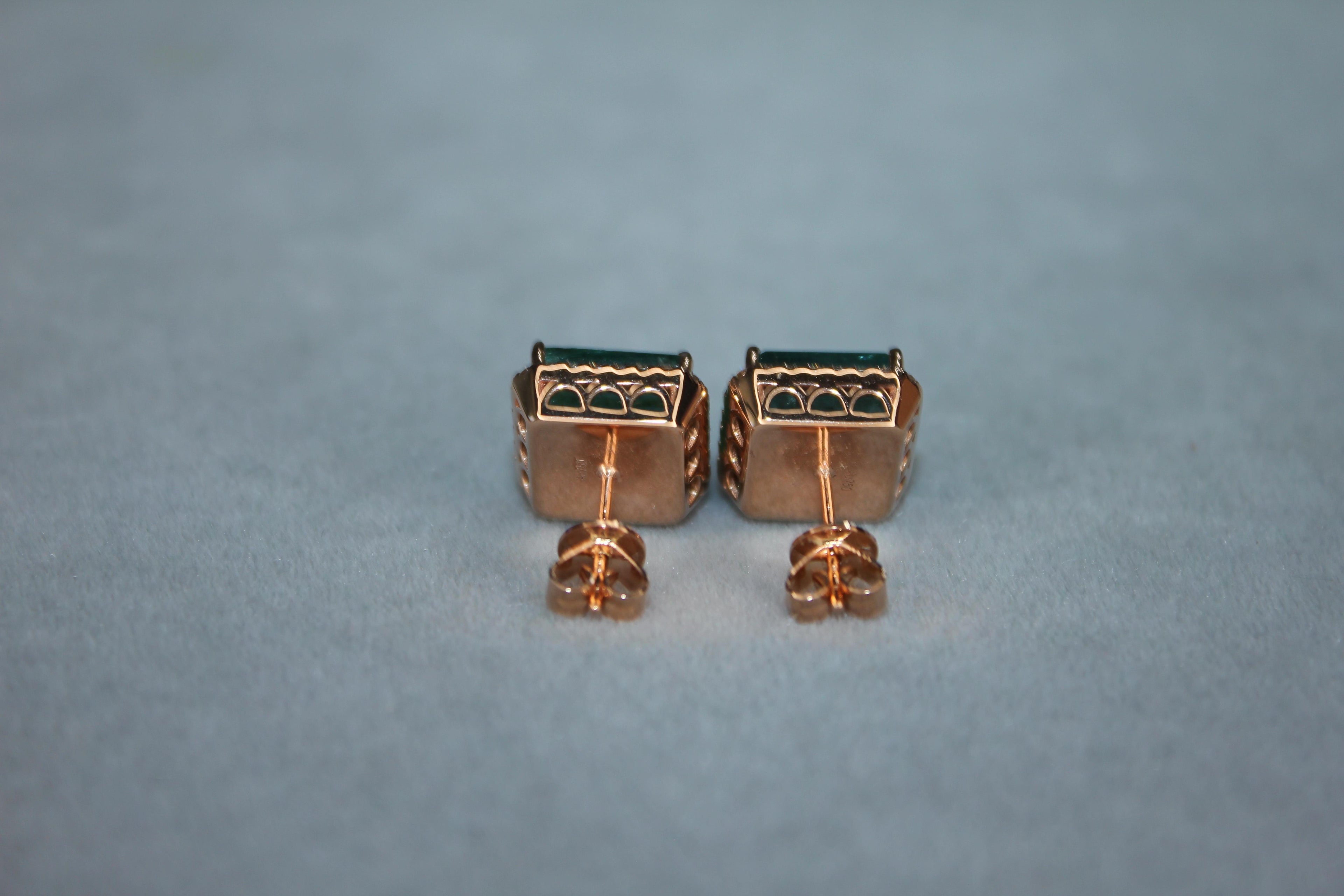 Emerald Cut Green Emerald Diamond Halo Stud 18K Rose Gold Earrings