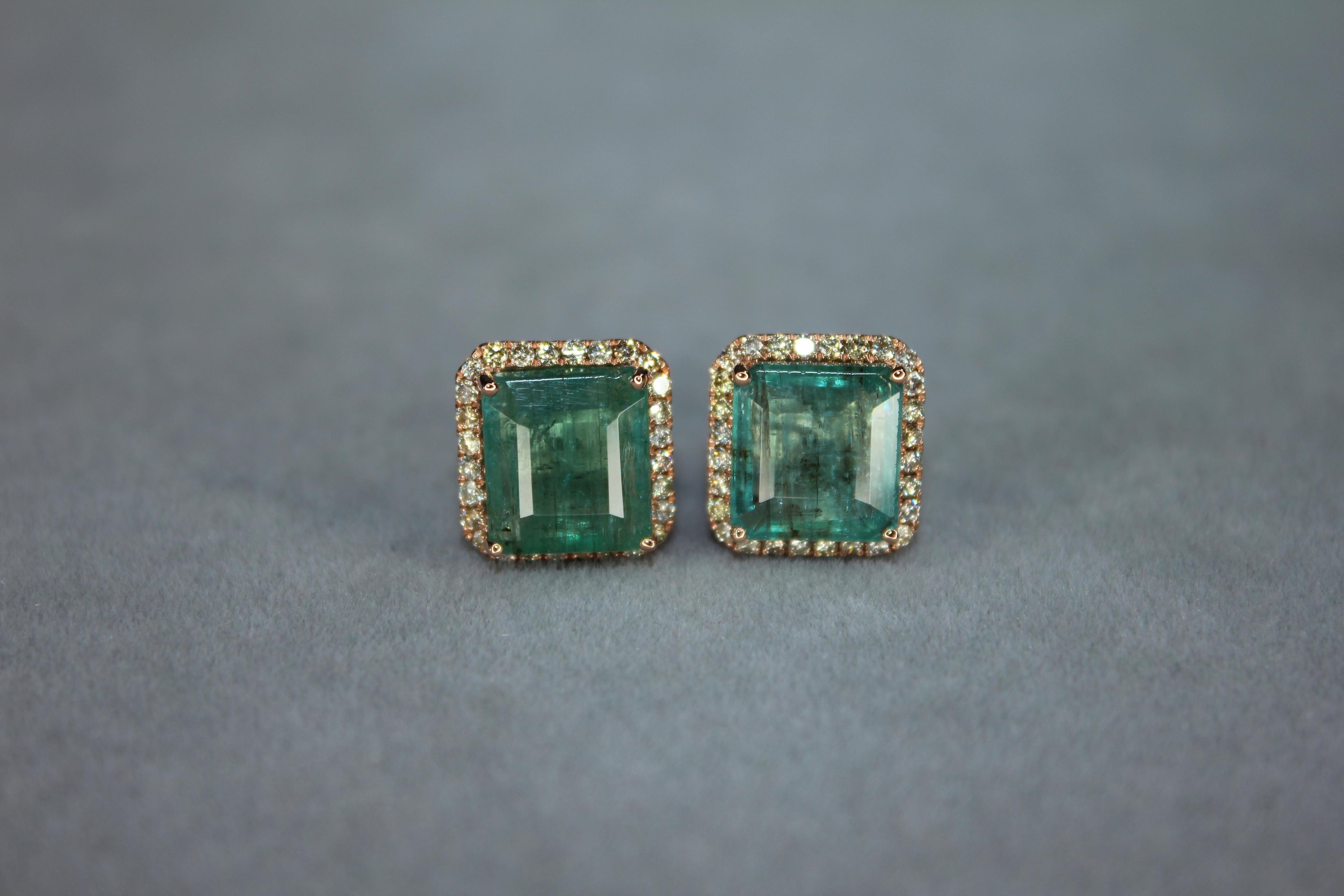Emerald Cut Green Emerald Diamond Halo Stud 18K Rose Gold Earrings