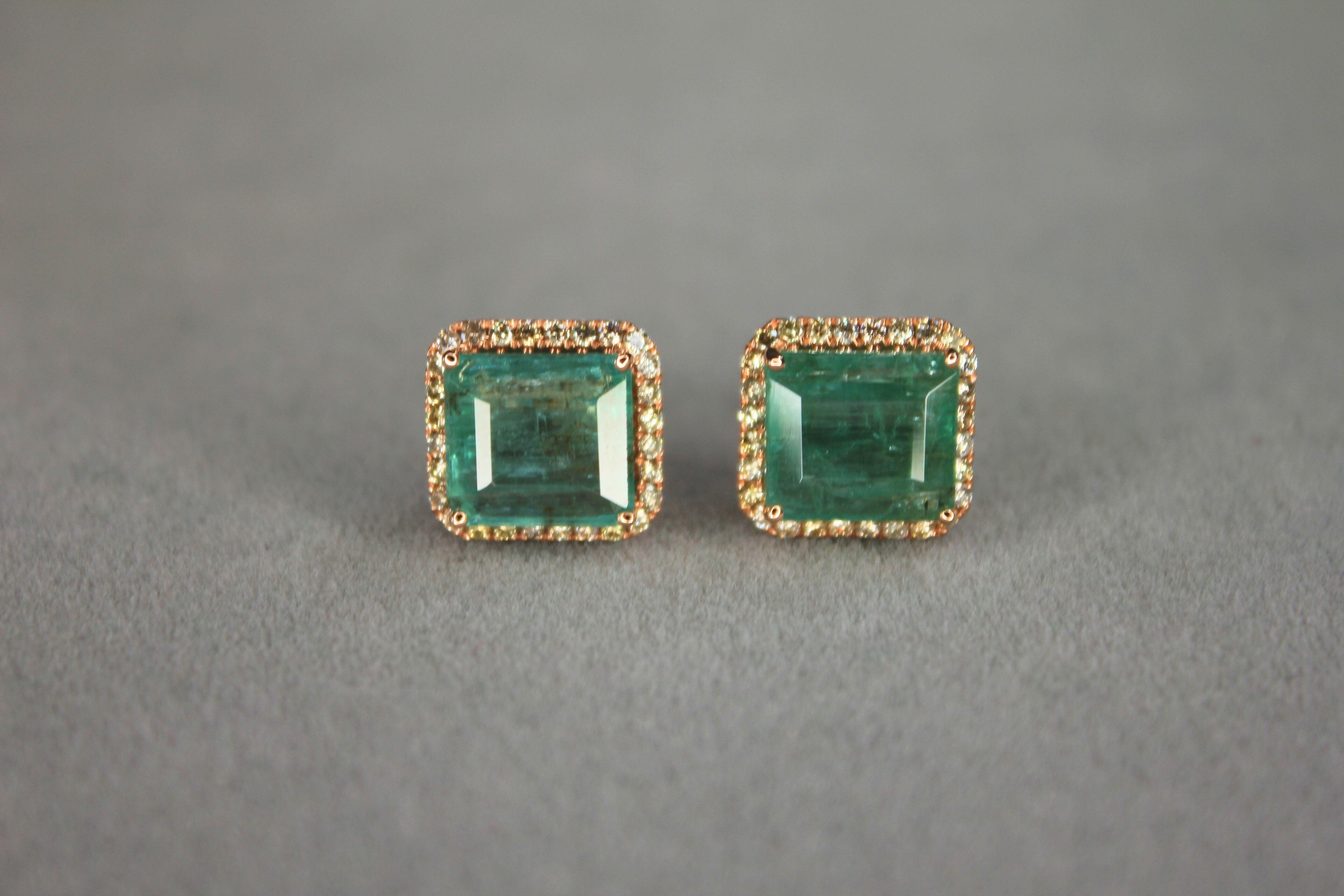 Emerald Cut Green Emerald Diamond Halo Stud 18K Rose Gold Earrings